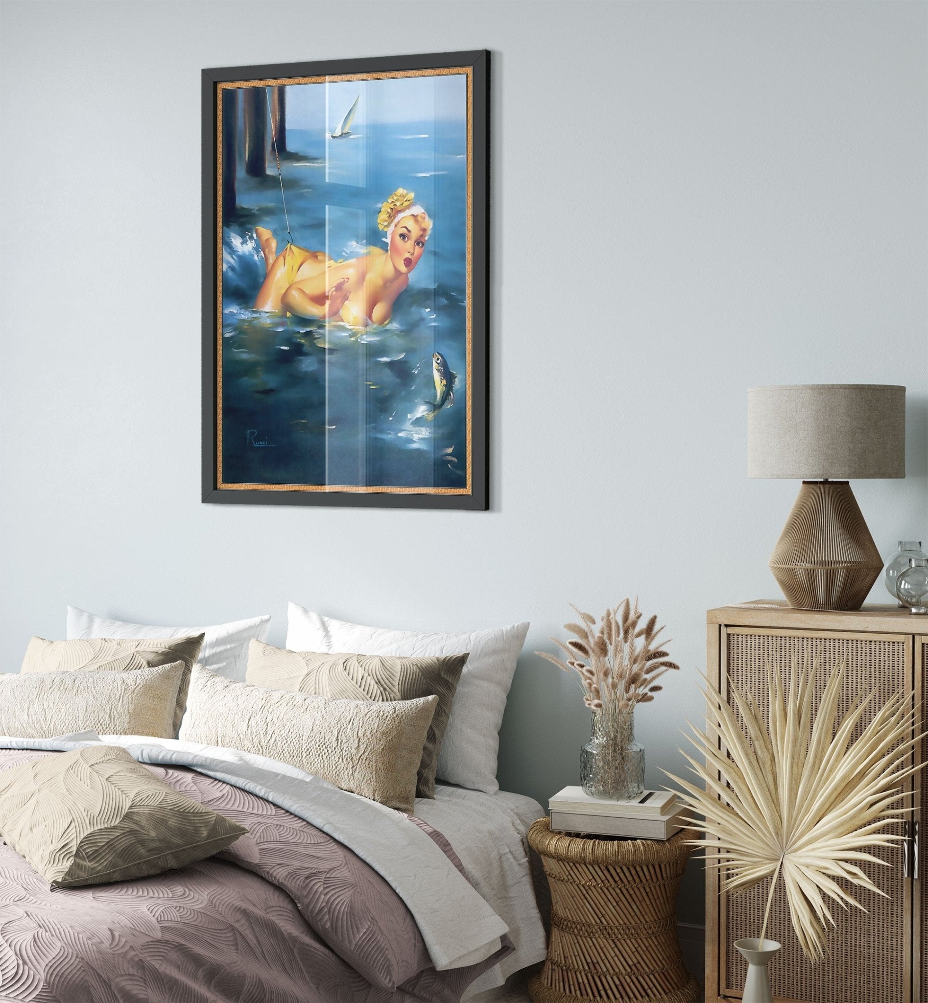 Vintage Pin Up Girl Framed, Yellow Bikini, Edward Runci - Vintage Art - Retro Pin Up Girl Framed Print - Late 1940'S - 1950'S - WallArtPrints4U