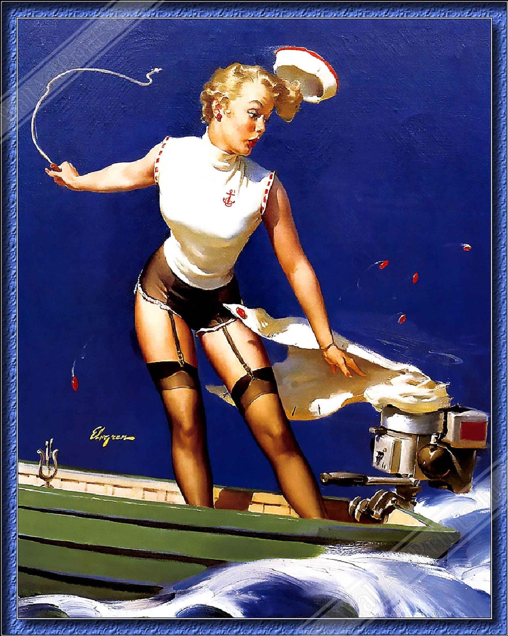 Vintage Pin Up Girl Poster, Gil Elvgren, Skirt Caught Motor - Vintage Art - Retro Pin Up Girl Print - Late 1940'S - 1950'S - WallArtPrints4U