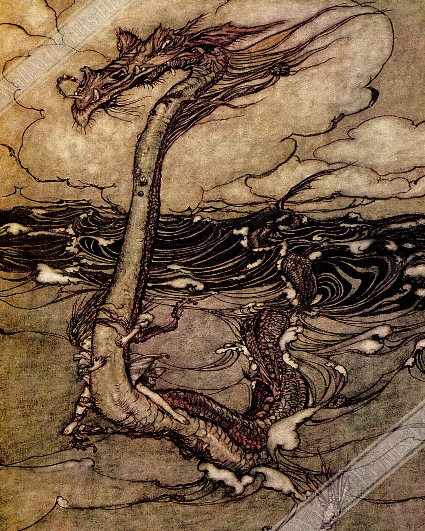 Vintage Sea Monster Canvas Print - Arthur Rackham Sea Serpent - Arthur Rackham Canvas - WallArtPrints4U