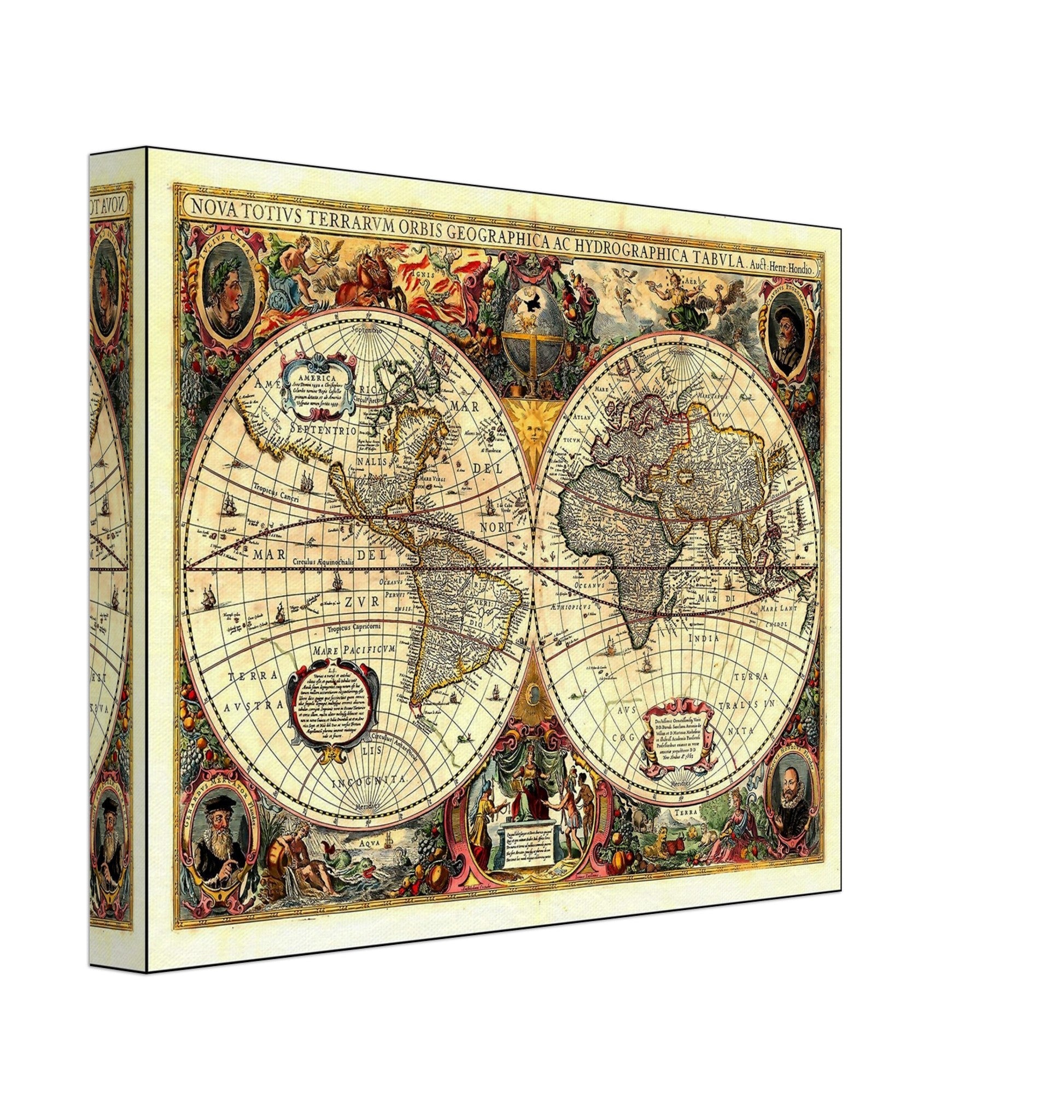 Vintage World Map Canvas, Henricus Hondius, World Map Canvas Print 1663, Old Map Art, Terrarum Orbis Geographica - WallArtPrints4U