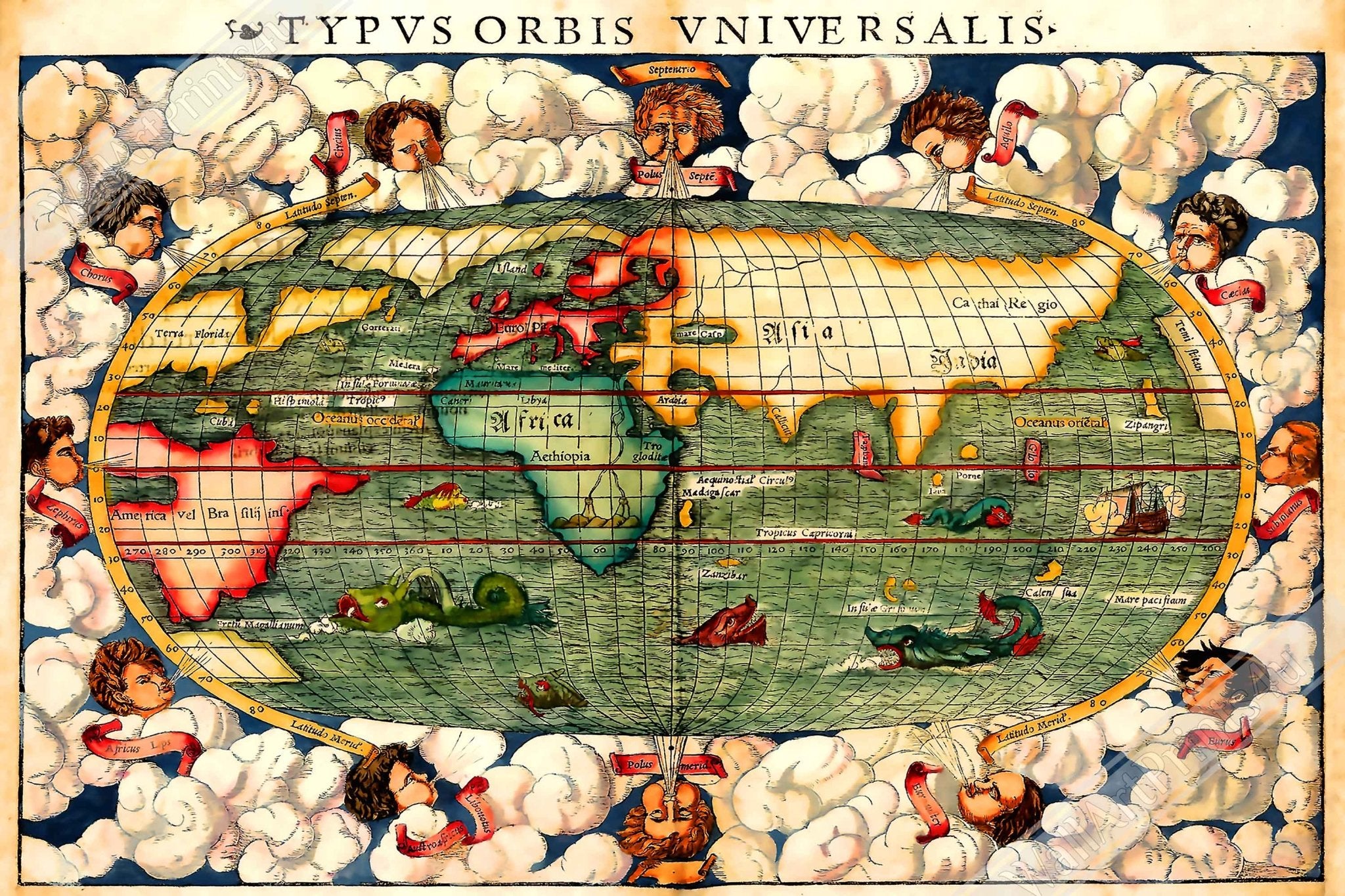 Vintage World Map Canvas, Rare World Map Canvas Print From 1550, Typus Orbis Universalis Sebastian Munster - WallArtPrints4U