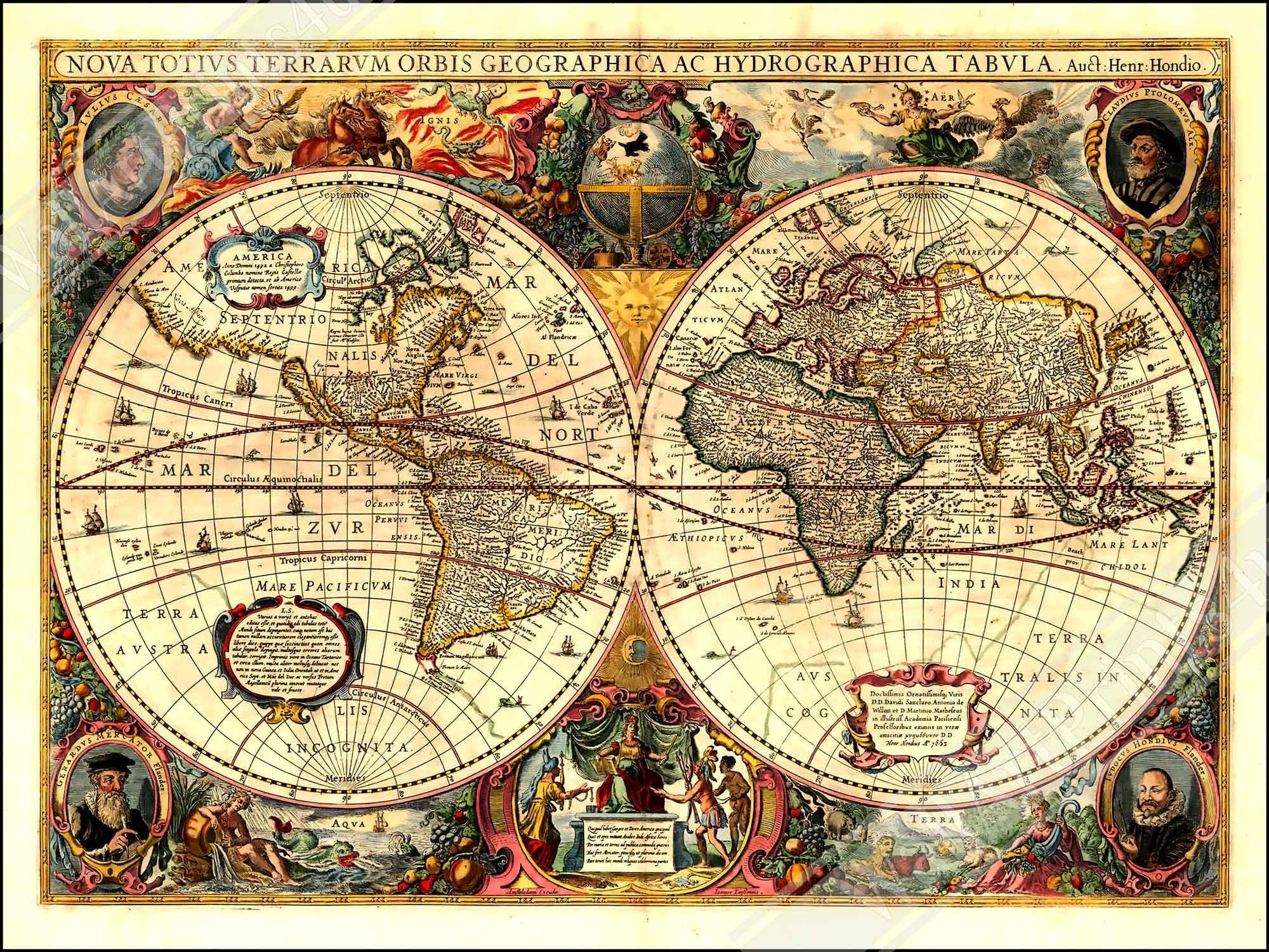 Vintage World Map Poster, Henricus Hondius, World Map Print 1663, Old Map Art, Terrarum Orbis Geographica - WallArtPrints4U