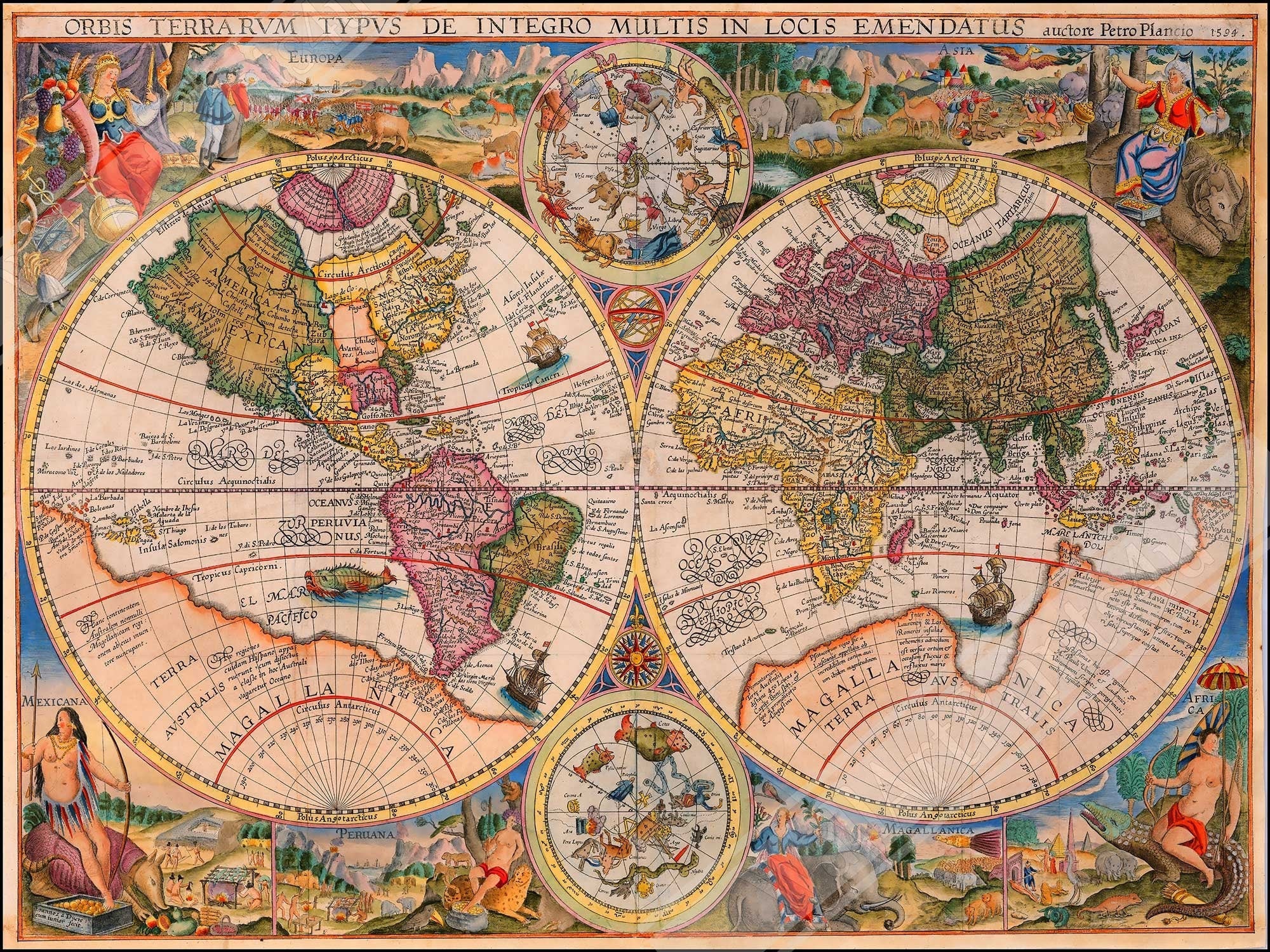 Vintage World Map Poster, Old World Map Print From 1594, Vintage Map Wall Art - Orbis Terrarum - WallArtPrints4U