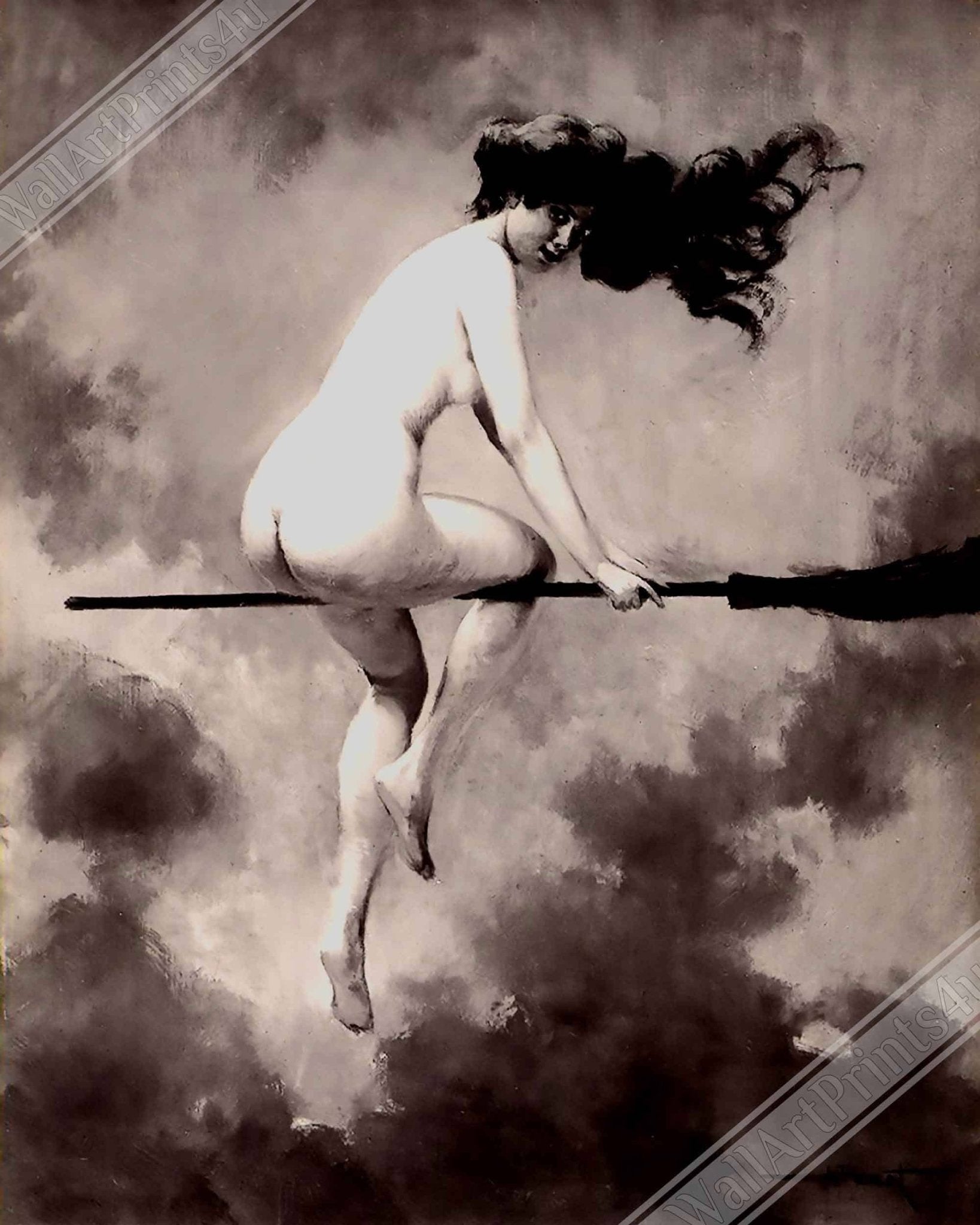 Witch Poster - Naked Witch Albert Joseph Penot Poster - Nude Witch On A Broomstick Print - WallArtPrints4U