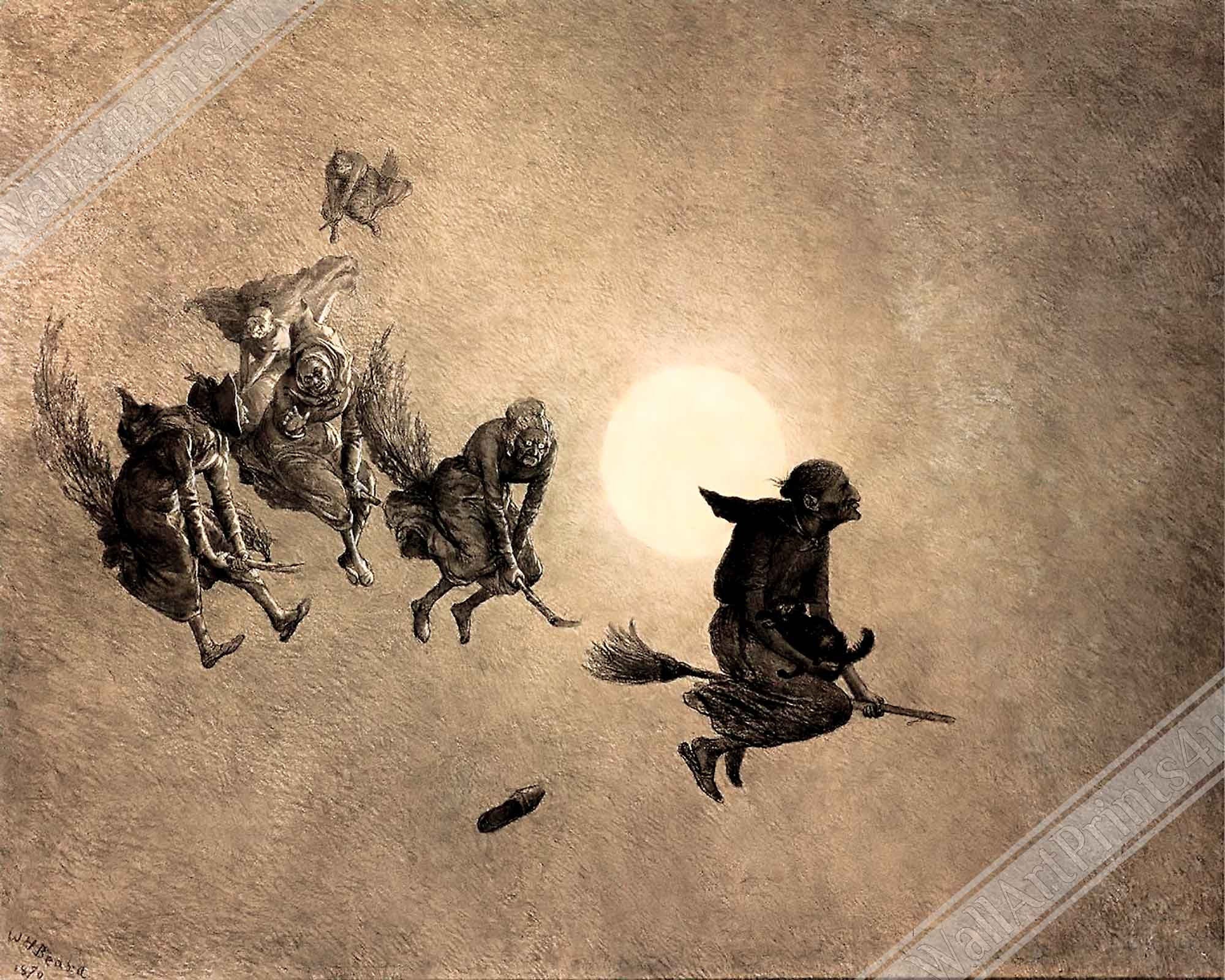 Witches Framed Print - Witches On Broomsticks Framed - Witches With Cat - William Holbrook Beard 18th Century - WallArtPrints4U