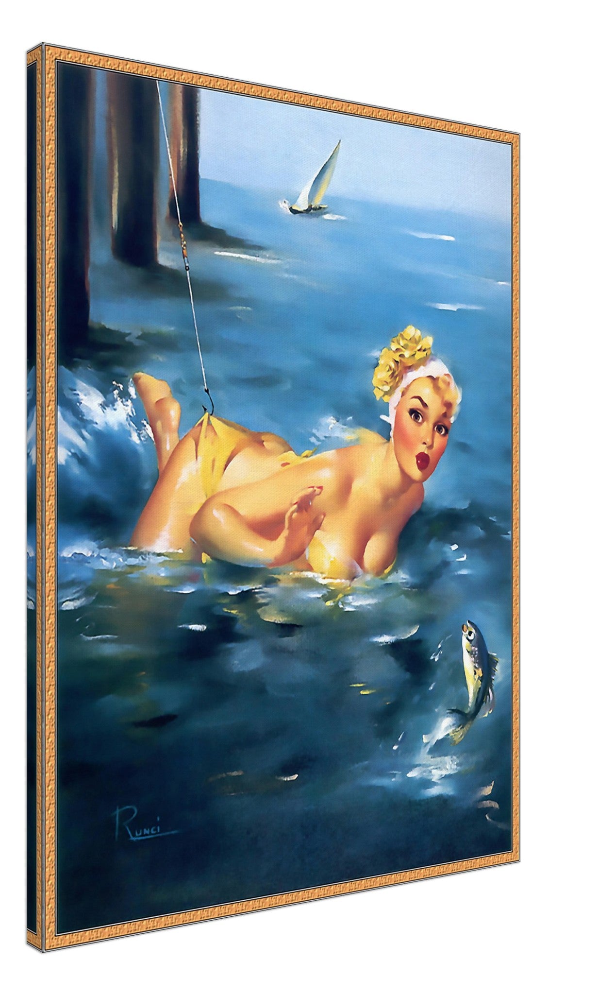 Vintage Pin Up Girl Canvas, Yellow Bikini, Edward Runci - Vintage Art - Retro Pin Up Girl Canvas Print - Late 1940'S - 1950'S