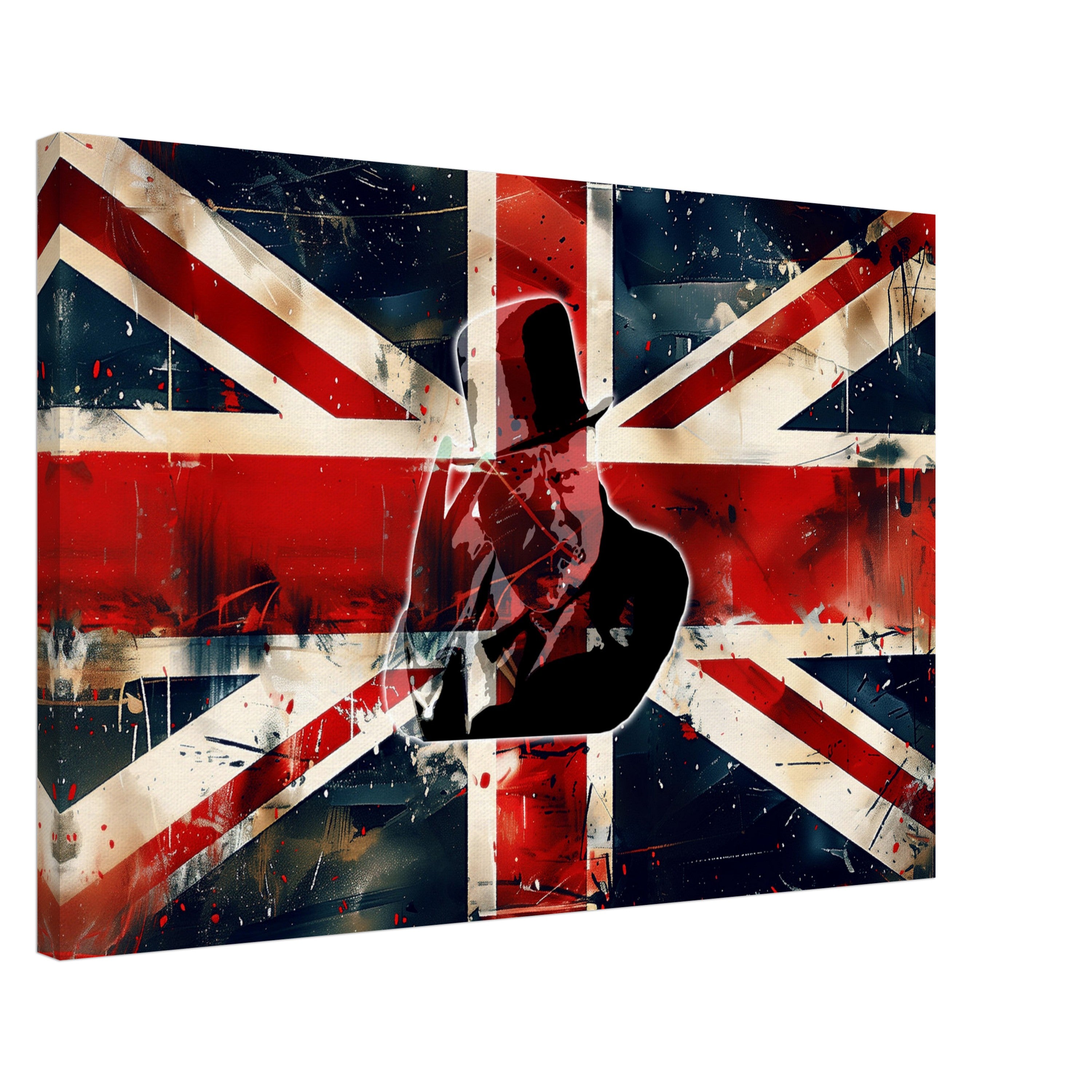 a painting of a man with a guitar in front of a british flag