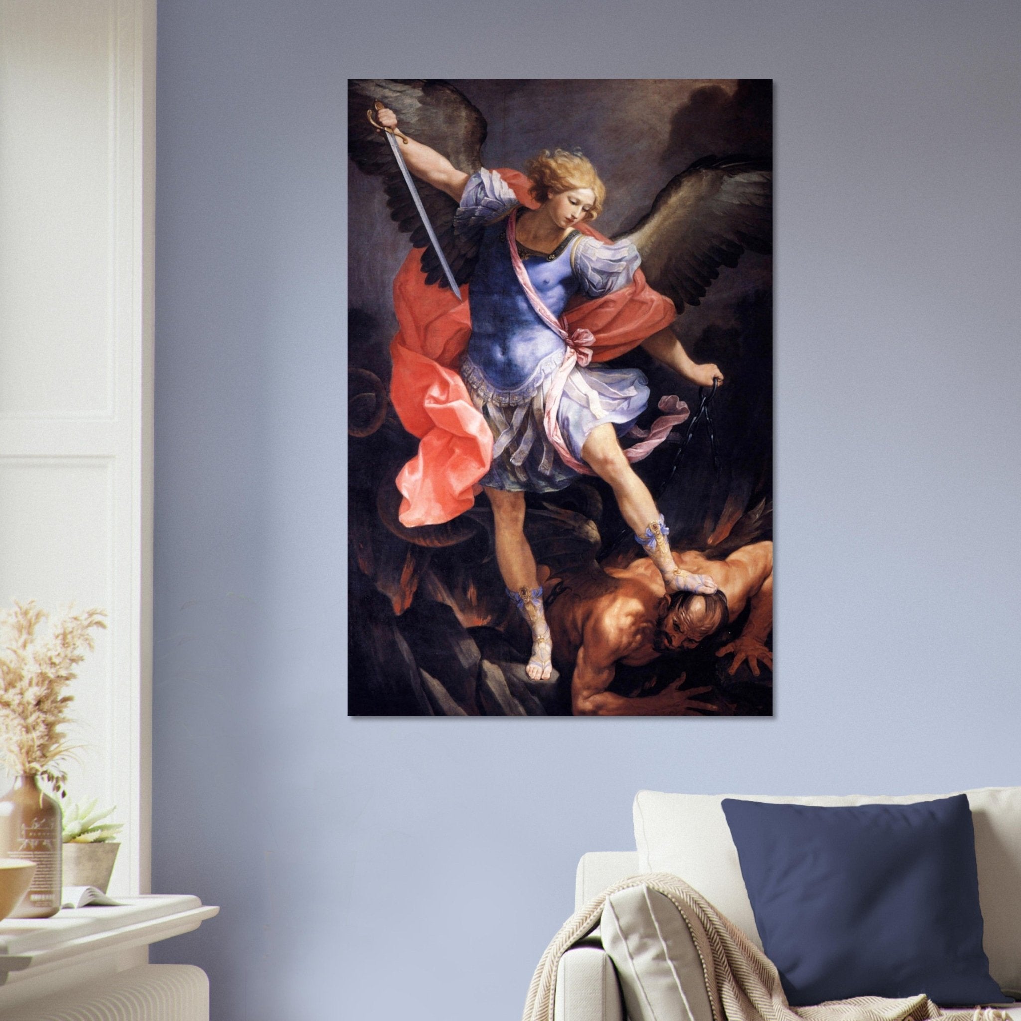 Archangel Michael Defeating Satan Poster by Guido Reni 1636. Classic Baroque Masterpiece of Spiritual Warfare | Angelic Protection Art Print" - WallArtPrints4U