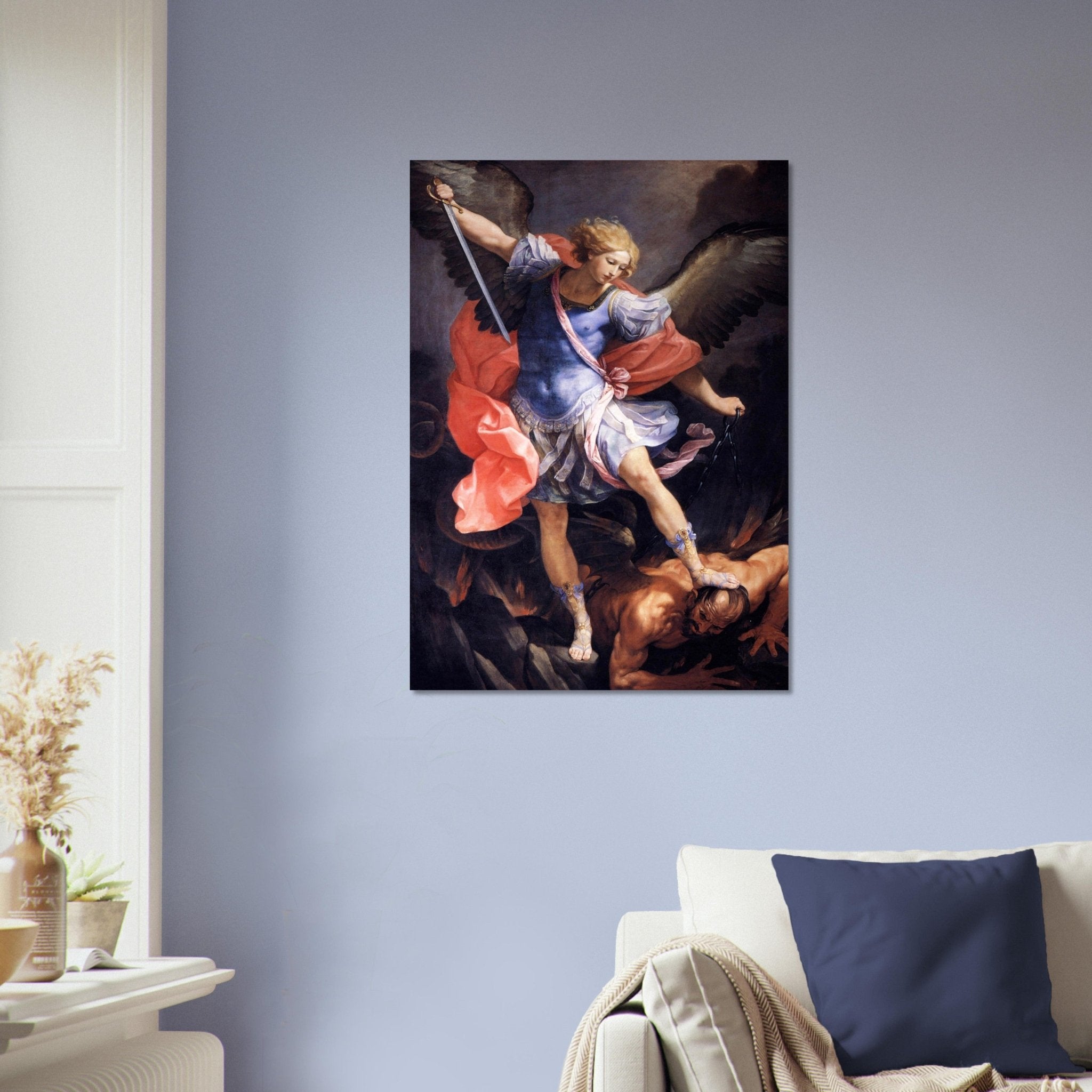 Archangel Michael Defeating Satan Poster by Guido Reni 1636. Classic Baroque Masterpiece of Spiritual Warfare | Angelic Protection Art Print" - WallArtPrints4U