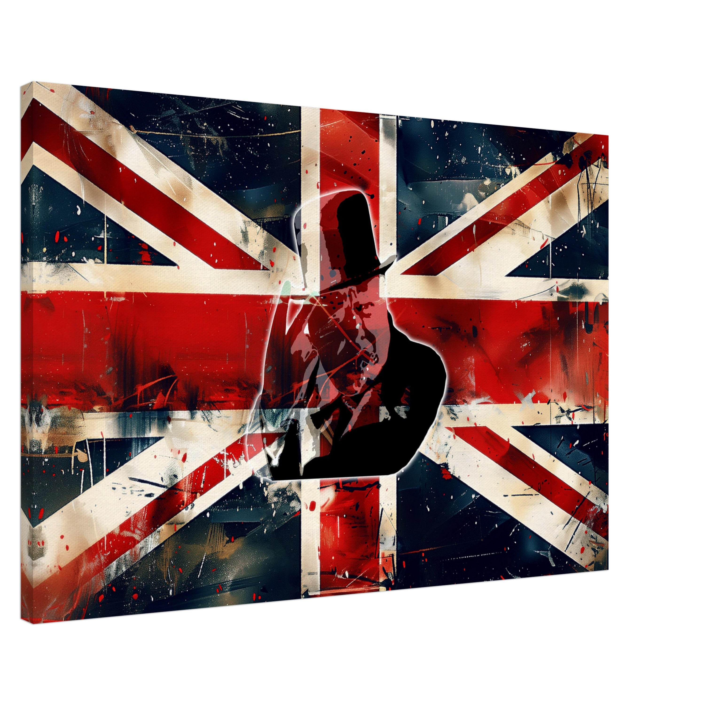 a painting of a man with a guitar in front of a british flag