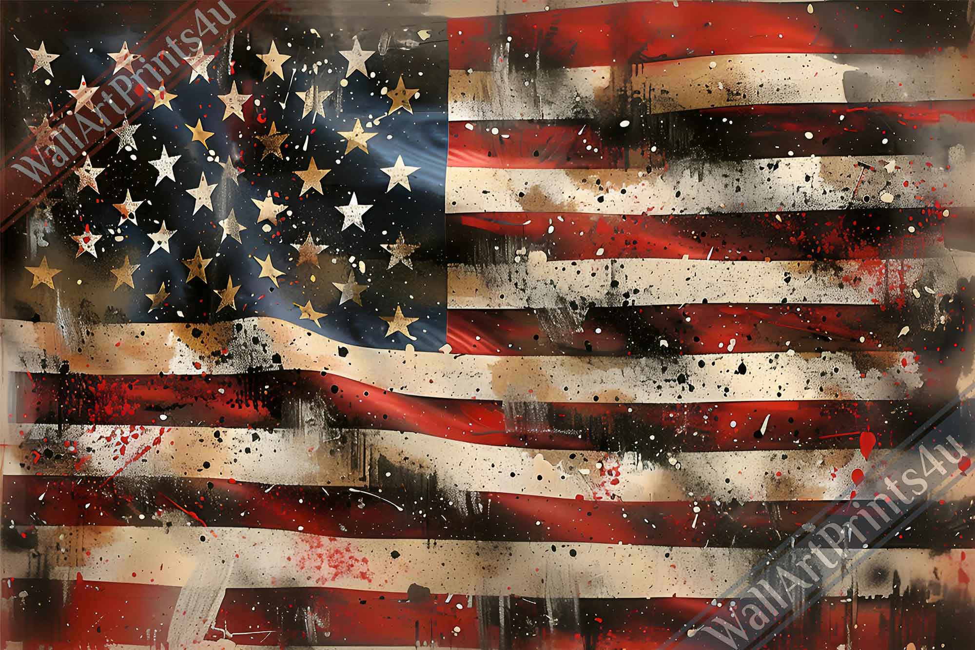 Distressed American Flag Canvas, Wavy Patriotic USA Flag Canvas Print Gritty Modern Art - WallArtPrints4U