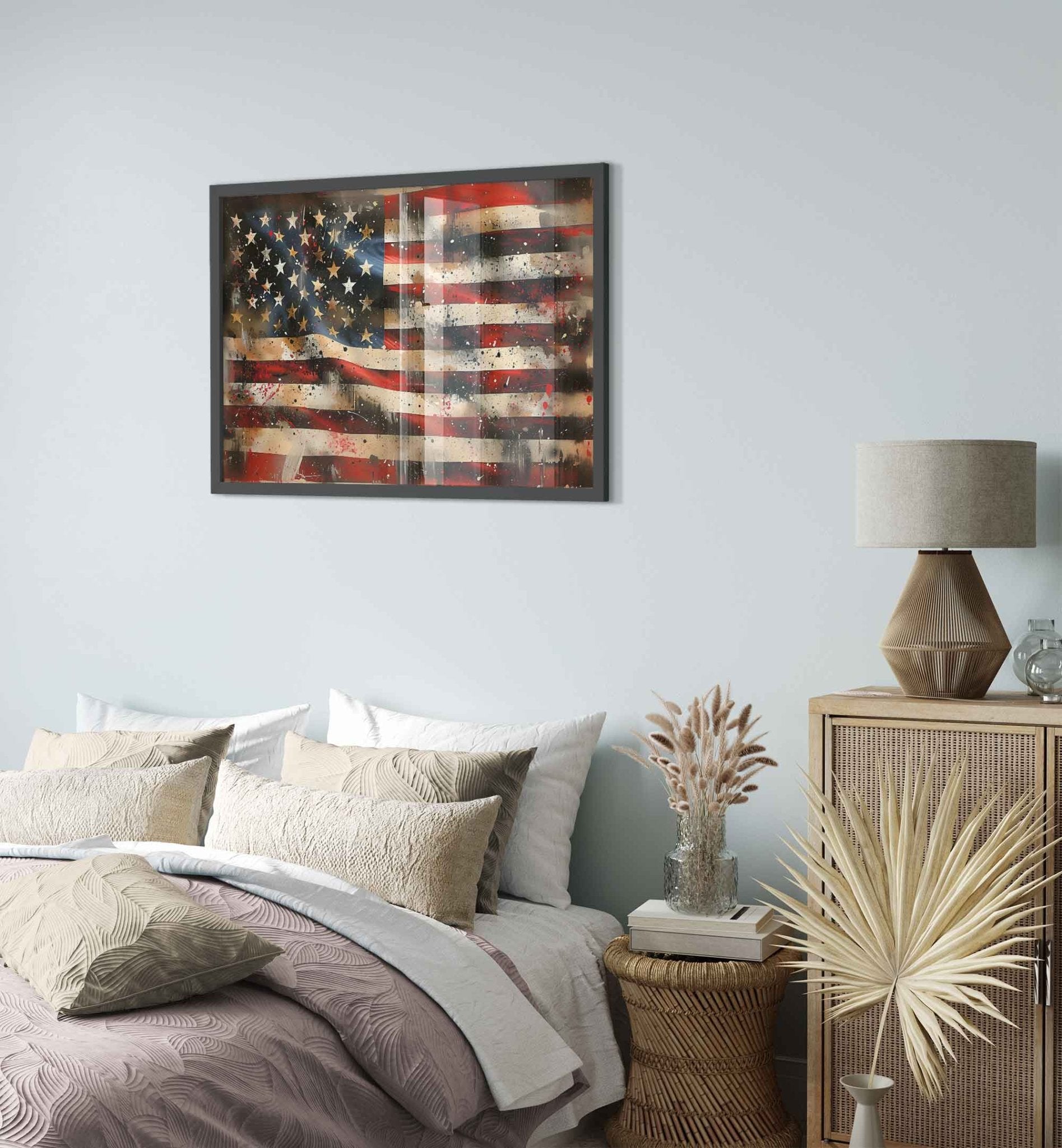 Distressed American Flag Framed Print, Wavy Patriotic USA Flag Framed Print Gritty Modern Art - WallArtPrints4U