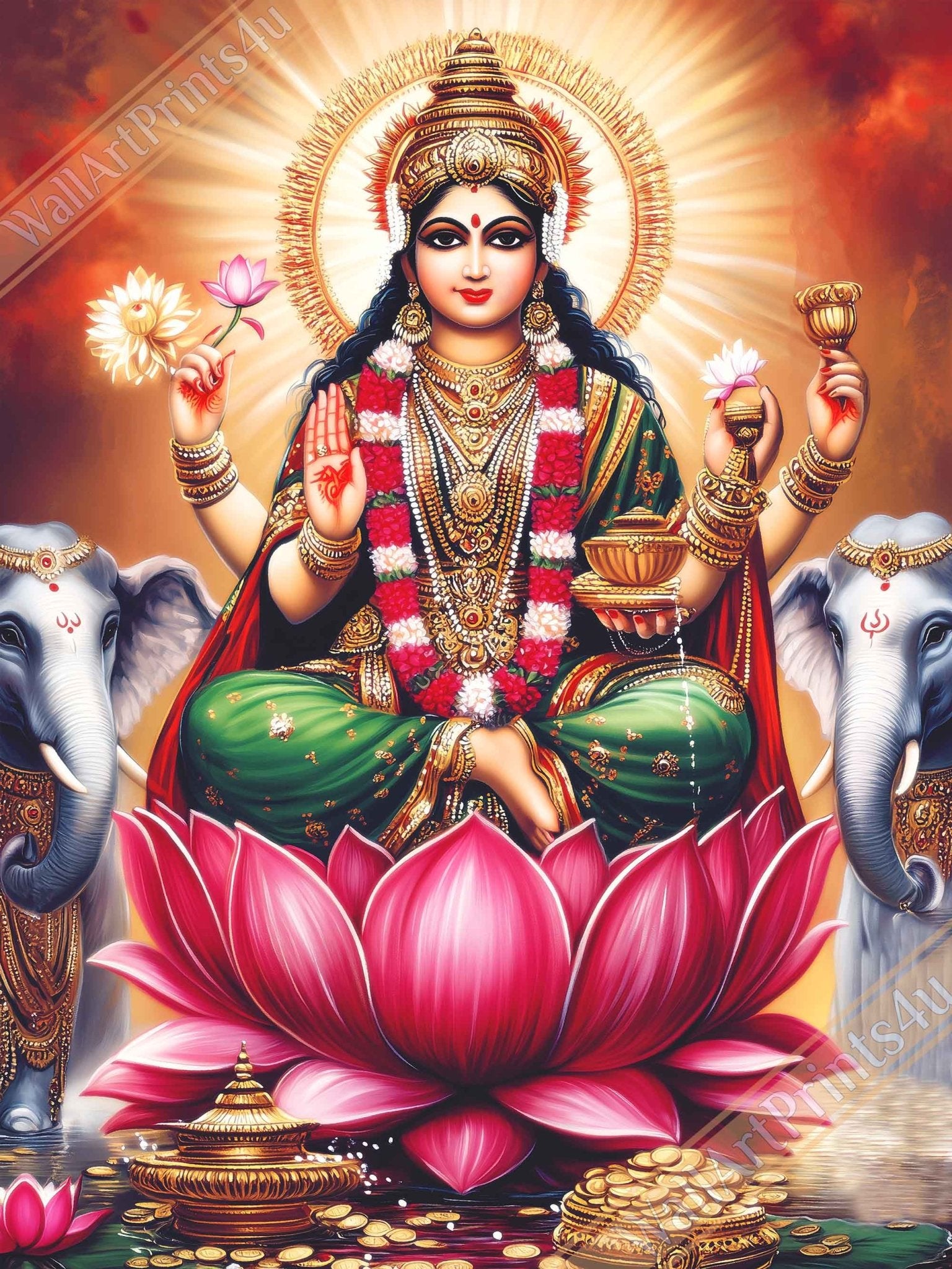 Divine Lakshmi Goddess of Wealth Art Canvas Print – Spiritual Canvas, Hindu Deity Home Decor - WallArtPrints4U