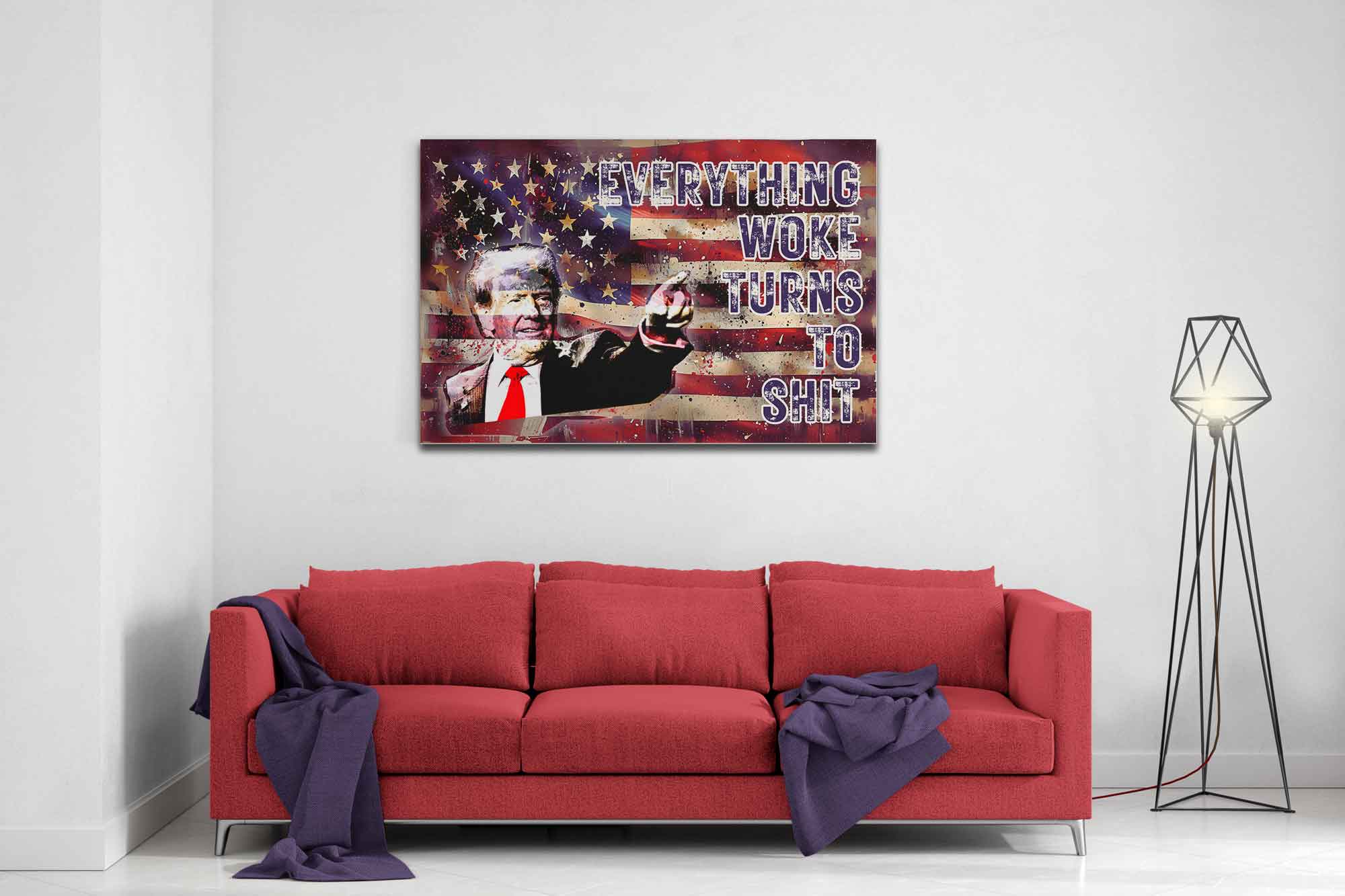 Everything Woke Turns to Shit Donald Trump Quote Canvas Patriotic Wall Art American Flag Election Victory 2024 Controversial Decor - WallArtPrints4U