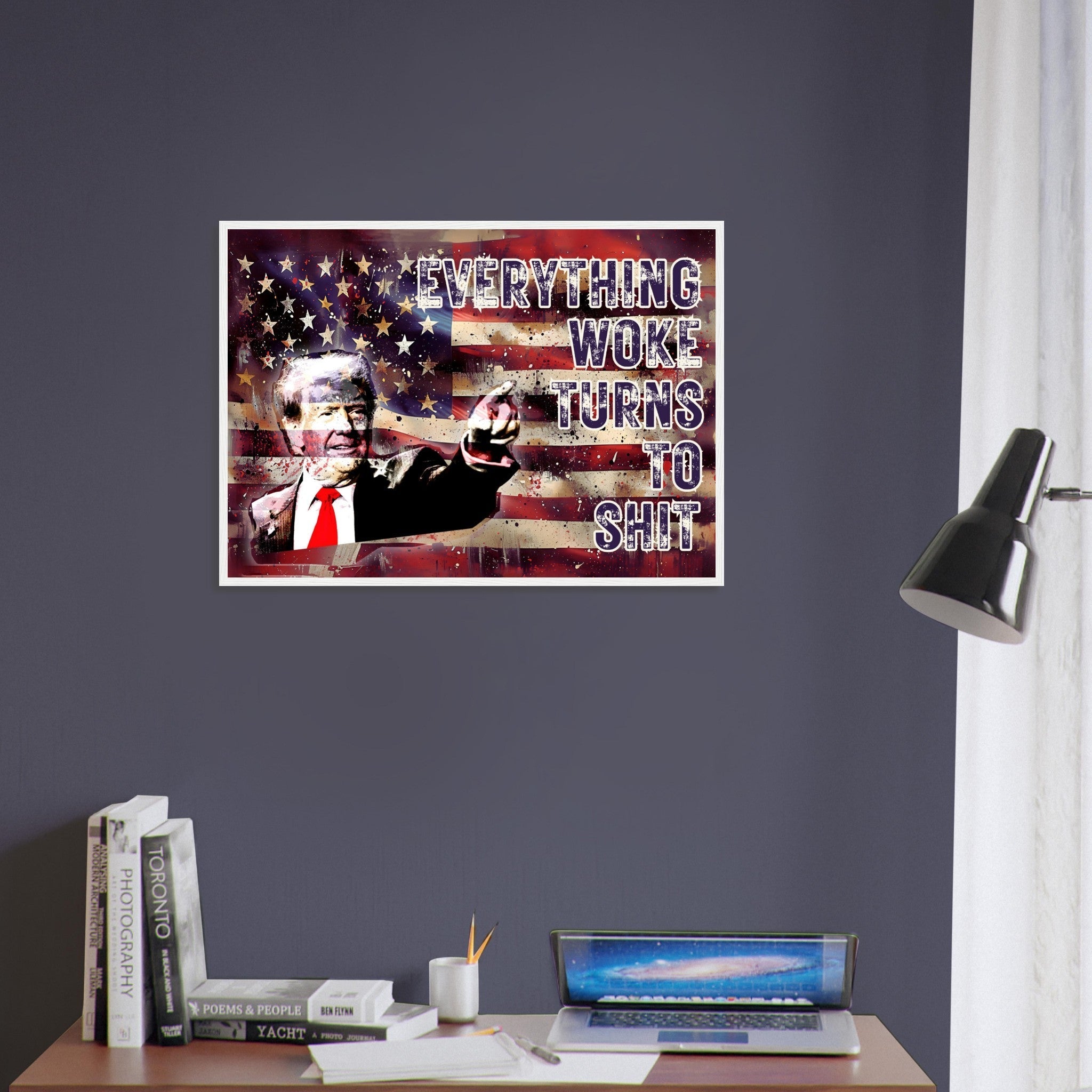 Everything Woke Turns to Shit Donald Trump Quote Framed Print Patriotic Wall Art American Flag Election Victory 2024 Controversial Artwork - WallArtPrints4U