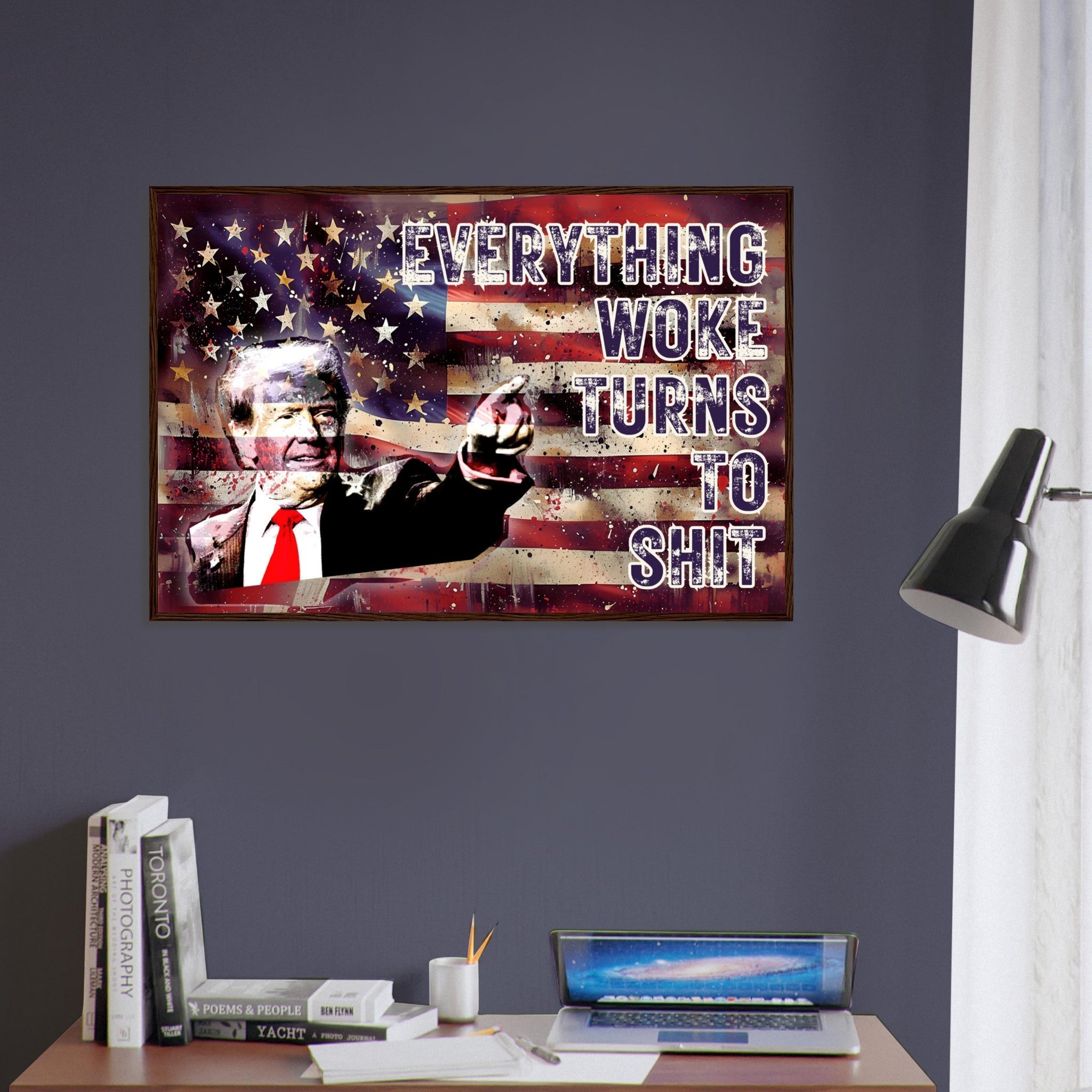 Everything Woke Turns to Shit Donald Trump Quote Framed Print Patriotic Wall Art American Flag Election Victory 2024 Controversial Artwork - WallArtPrints4U