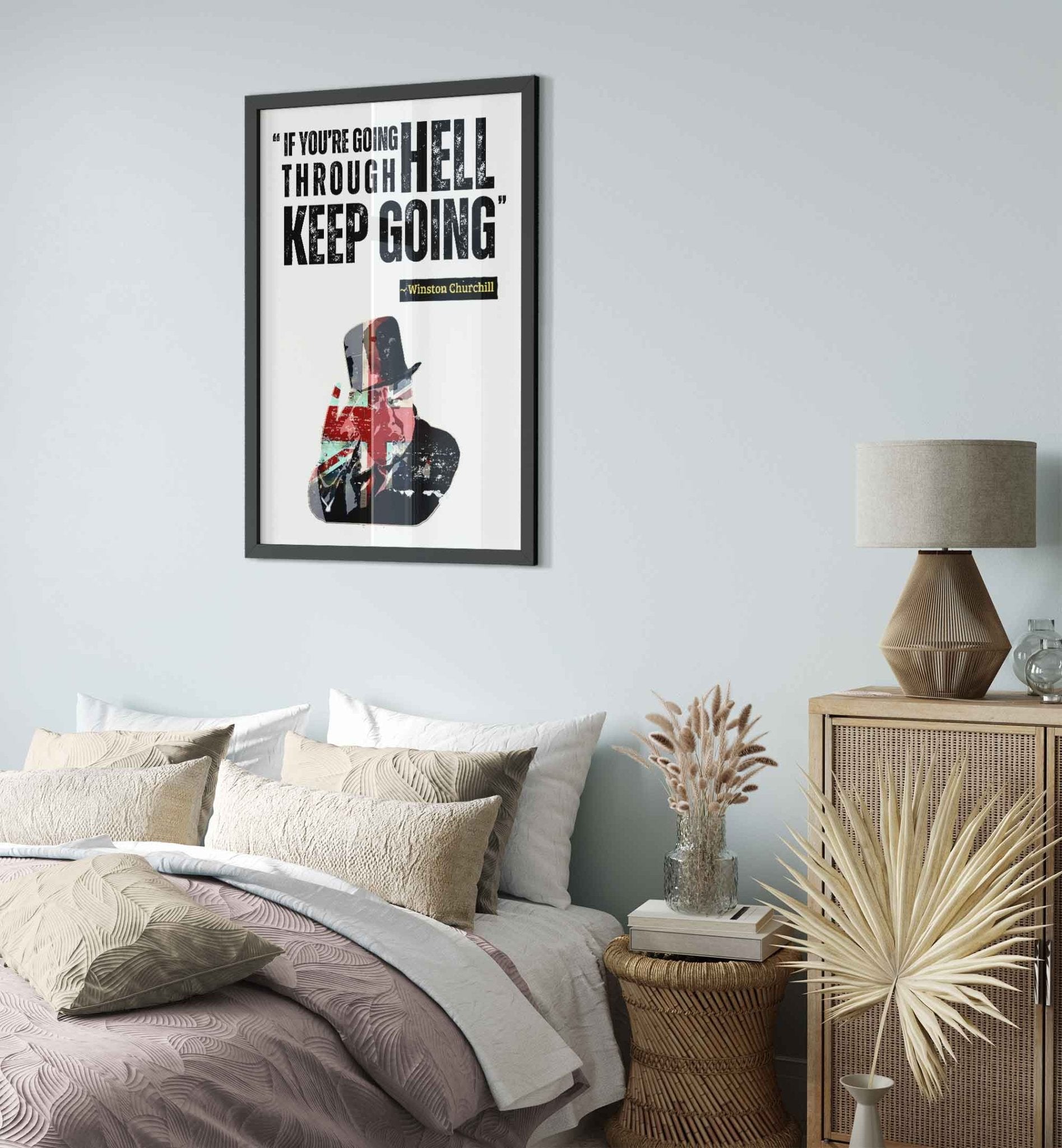 Framed Print with Churchill Quote If You're Going Through Hell Keep Going Motivational Wall Art - WallArtPrints4U