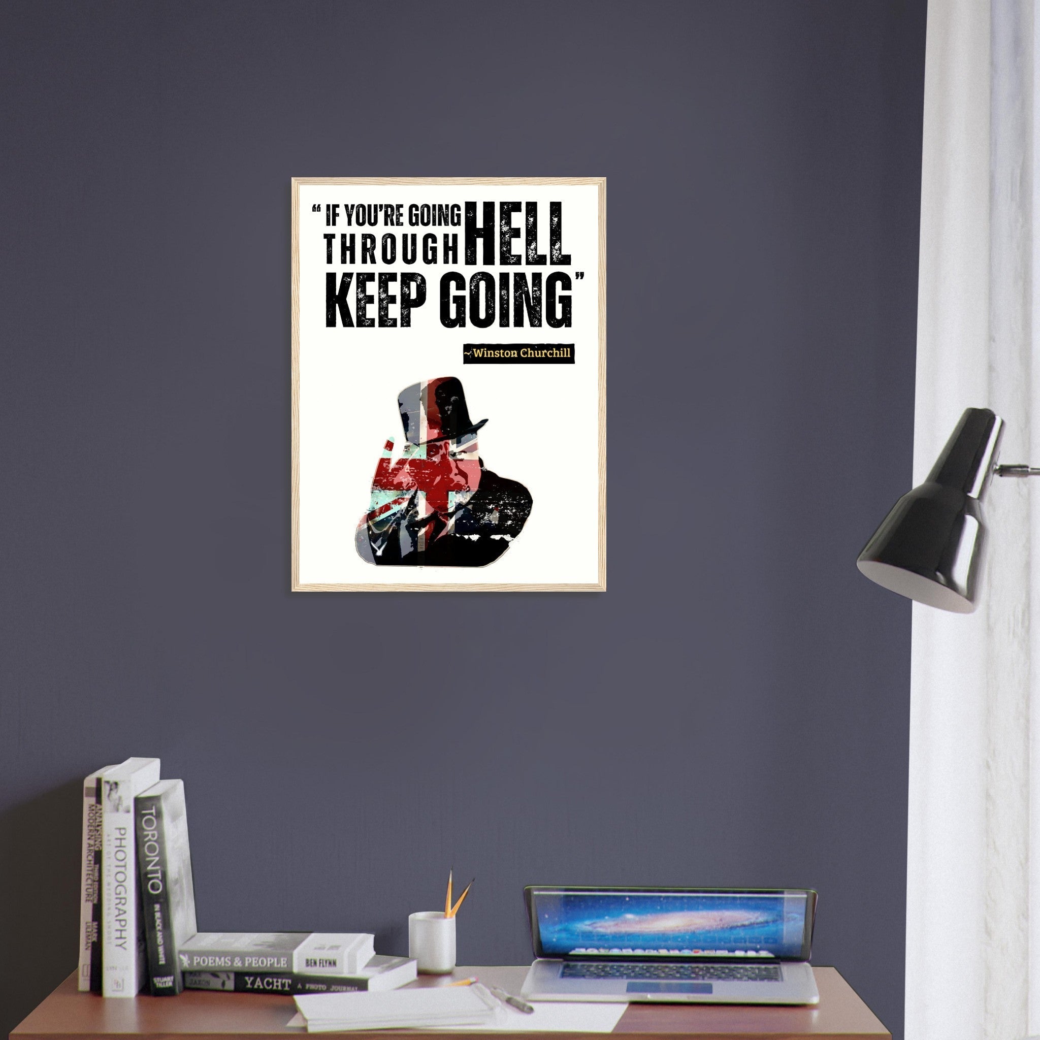 Framed Print with Churchill Quote If You're Going Through Hell Keep Going Motivational Wall Art - WallArtPrints4U