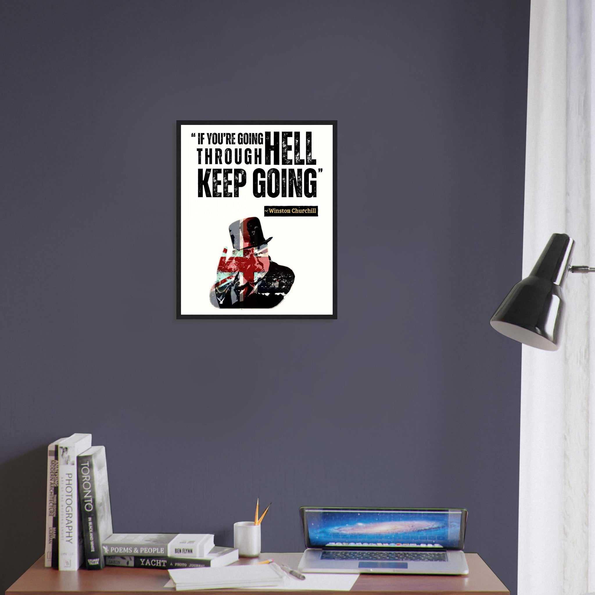 Framed Print with Churchill Quote If You're Going Through Hell Keep Going Motivational Wall Art - WallArtPrints4U