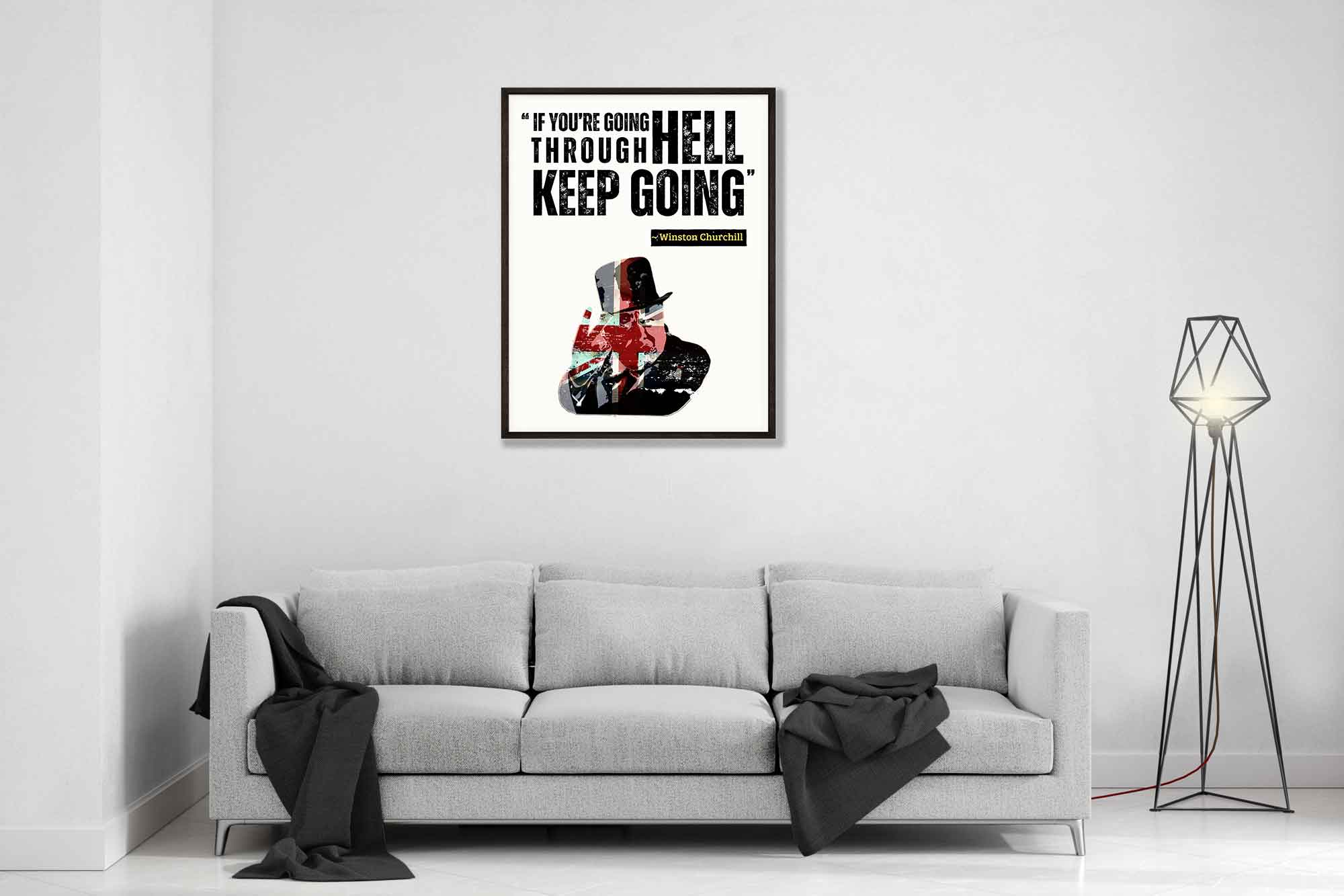 Framed Print with Churchill Quote If You're Going Through Hell Keep Going Motivational Wall Art - WallArtPrints4U