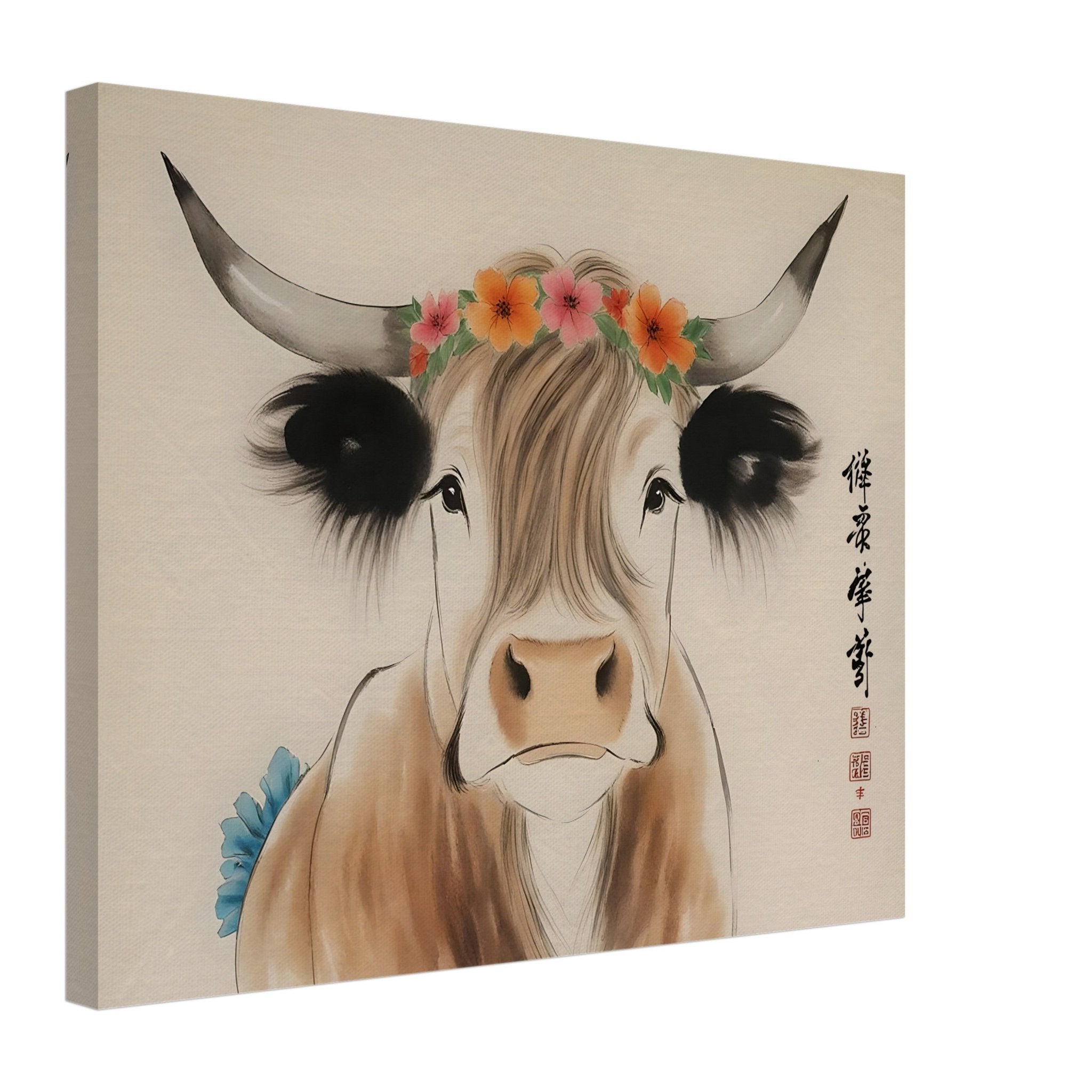 Highland Cow Canvas Print Rustic Chinese Brush Painting Animal Wall Decor - WallArtPrints4U