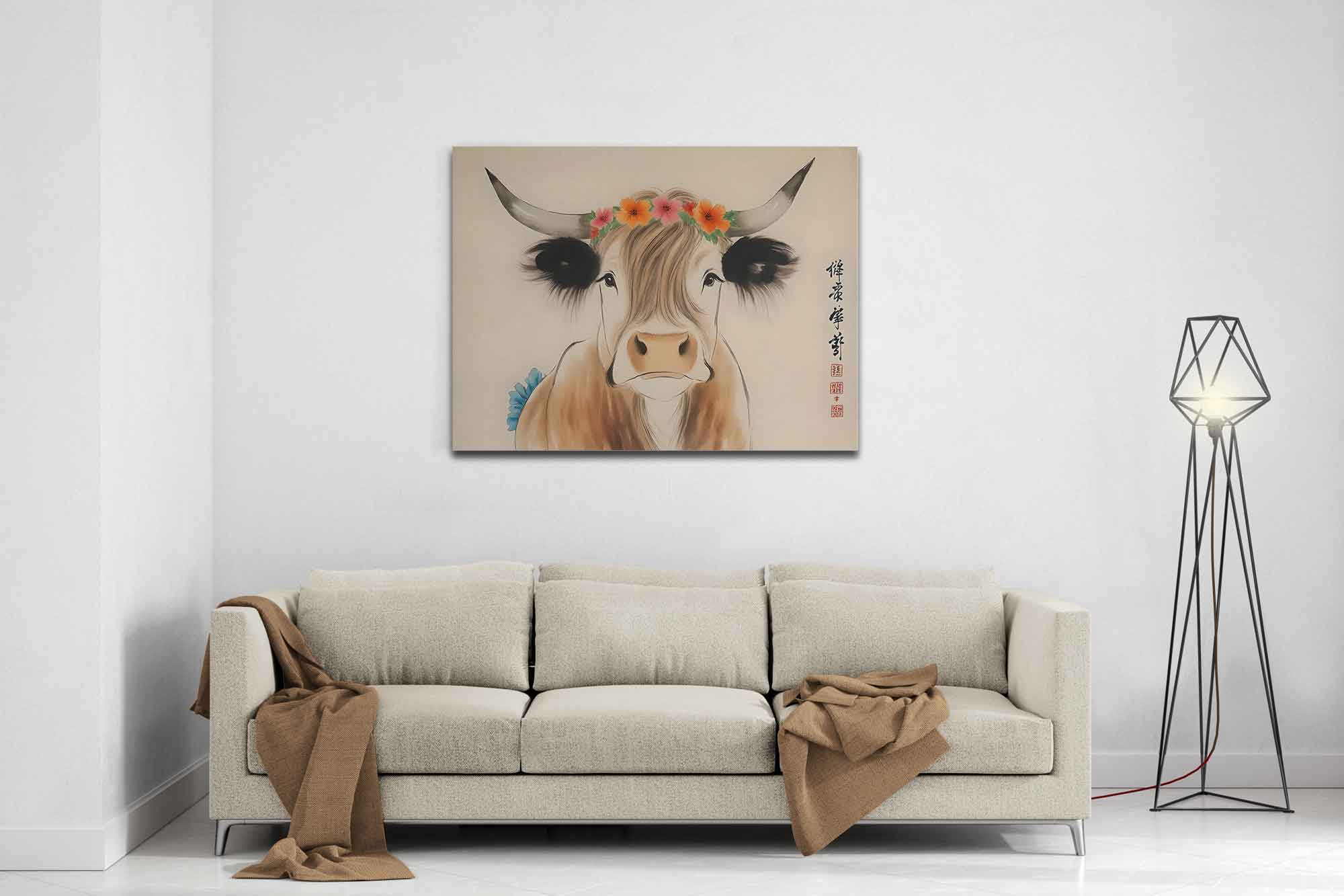 Highland Cow Canvas Print Rustic Chinese Brush Painting Animal Wall Decor - WallArtPrints4U