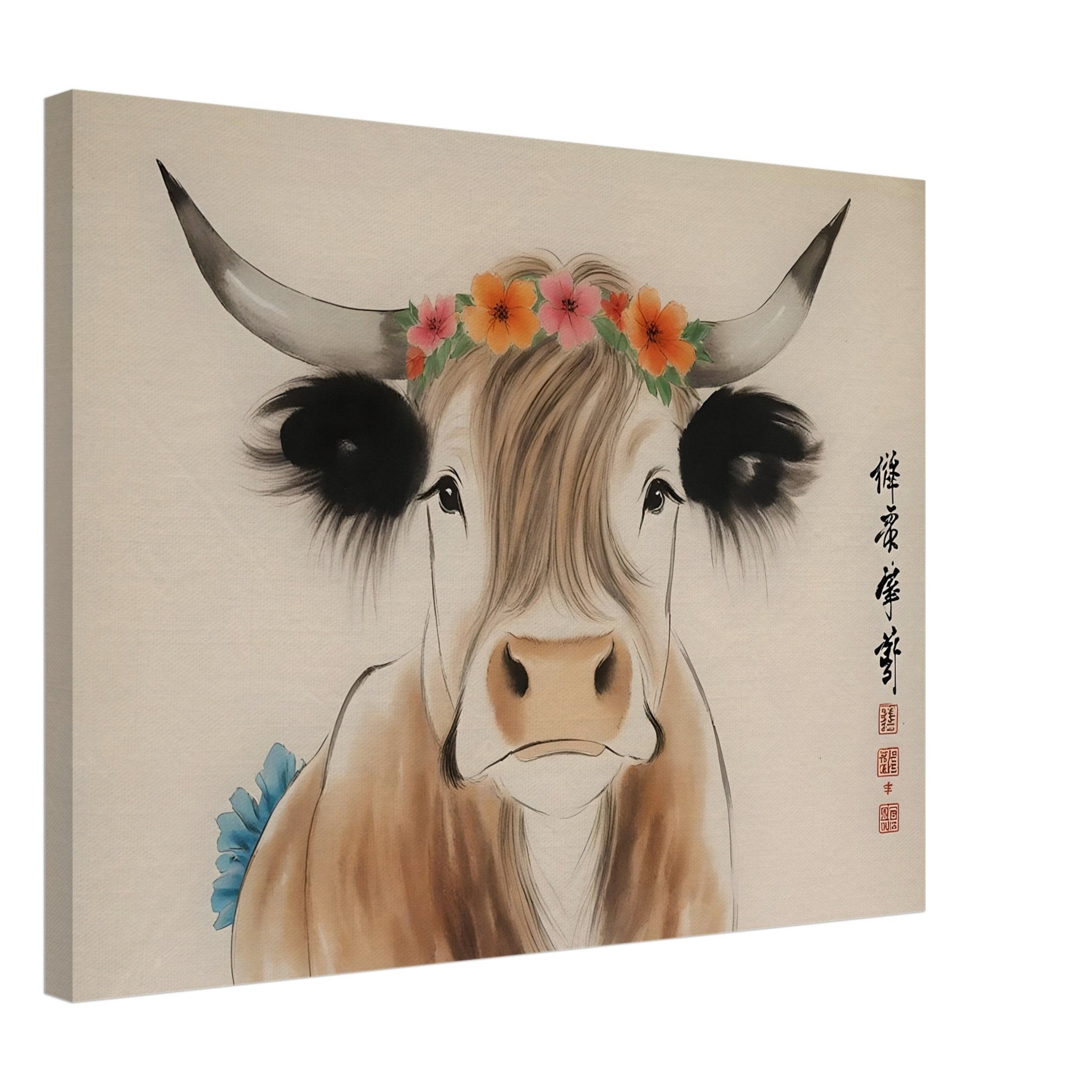 Highland Cow Canvas Print Rustic Chinese Brush Painting Animal Wall Decor - WallArtPrints4U