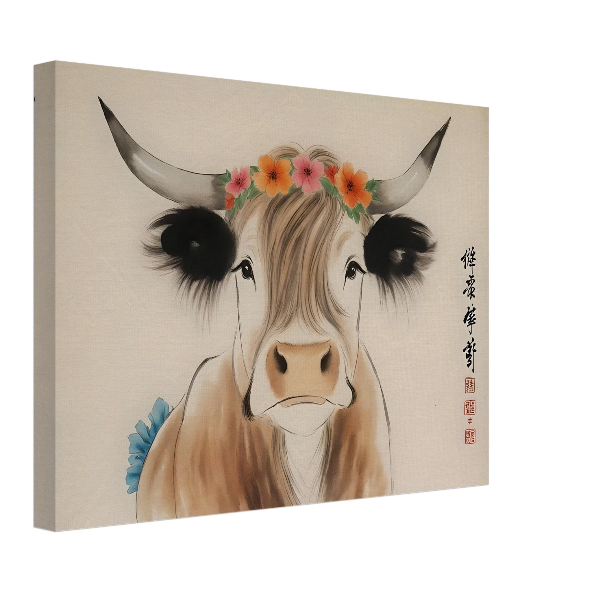 Highland Cow Canvas Print Rustic Chinese Brush Painting Animal Wall Decor - WallArtPrints4U