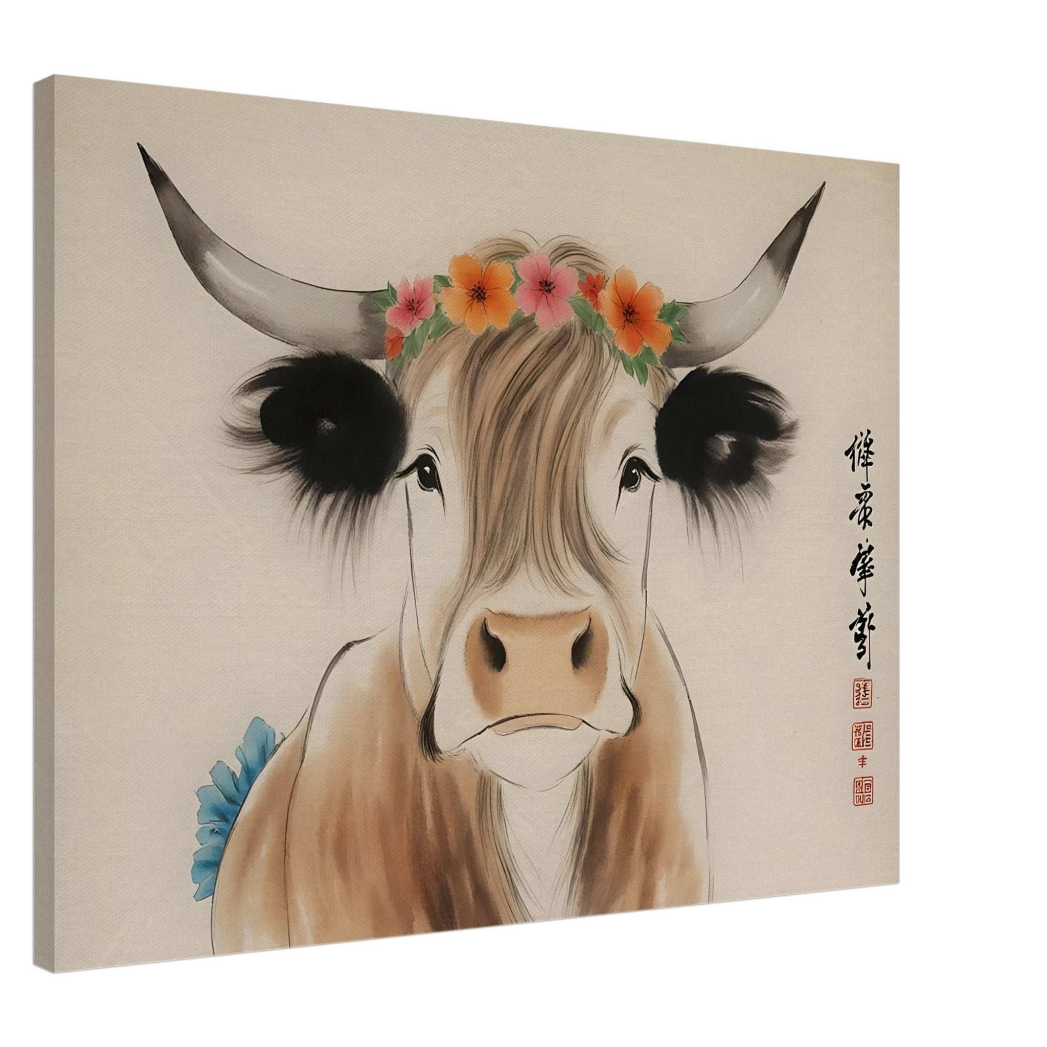 Highland Cow Canvas Print Rustic Chinese Brush Painting Animal Wall Decor - WallArtPrints4U