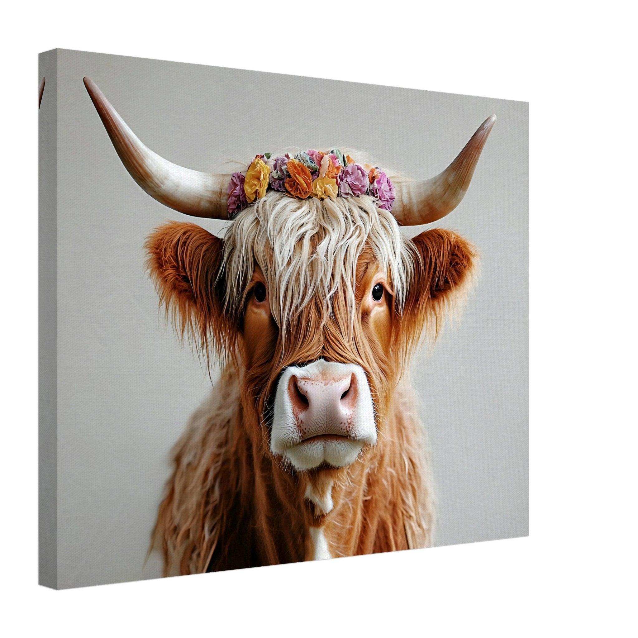 Highland Cow Canvas Print with Flower Crown Rustic Boho Farmhouse Wall Art - WallArtPrints4U