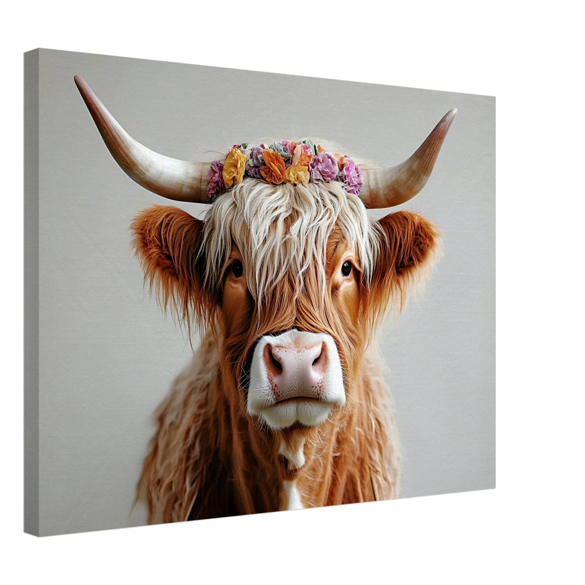 Highland Cow Canvas Print with Flower Crown Rustic Boho Farmhouse Wall Art - WallArtPrints4U