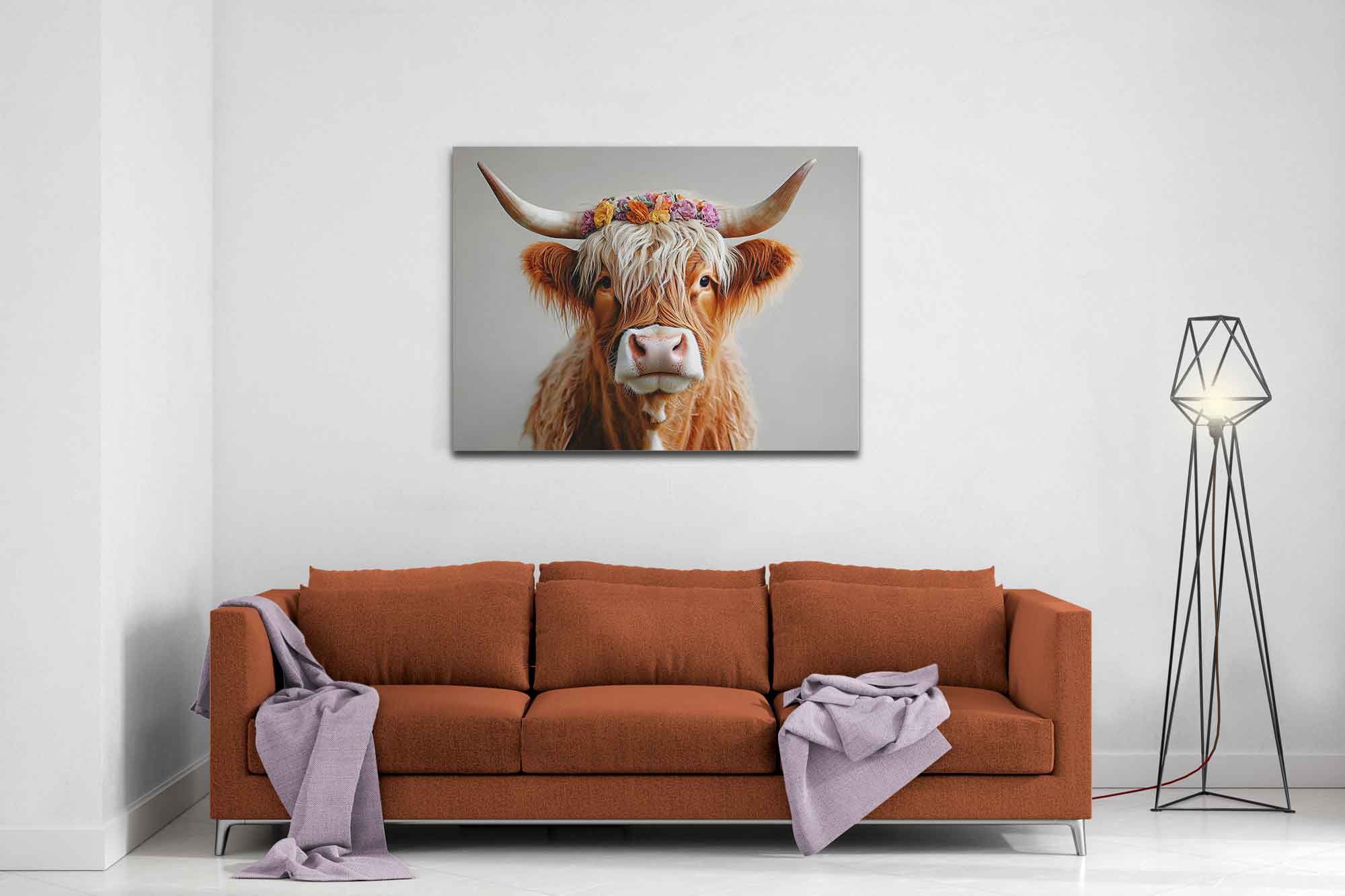 Highland Cow Canvas Print with Flower Crown Rustic Boho Farmhouse Wall Art - WallArtPrints4U