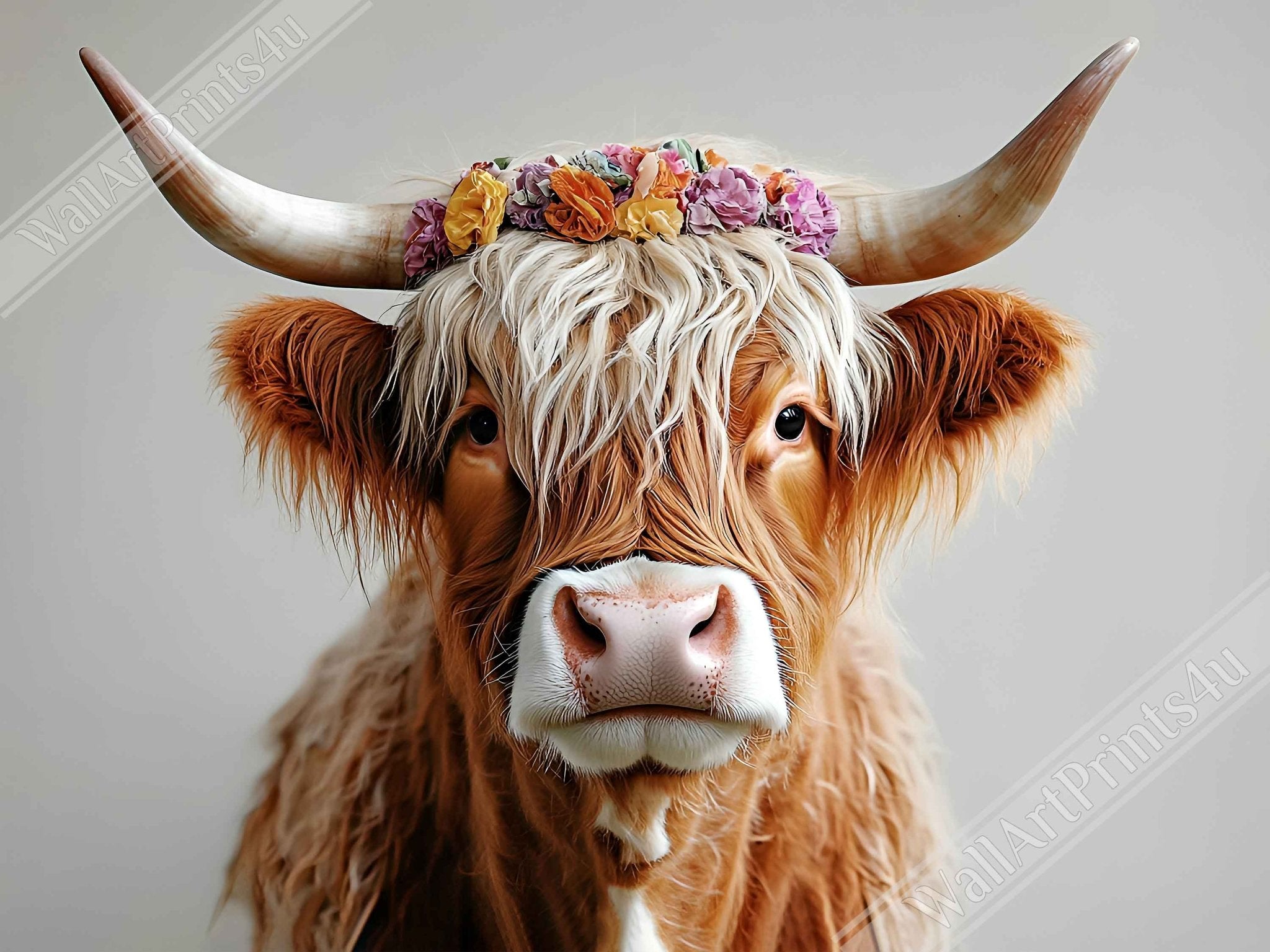 Highland Cow Canvas Print with Flower Crown Rustic Boho Farmhouse Wall Art - WallArtPrints4U