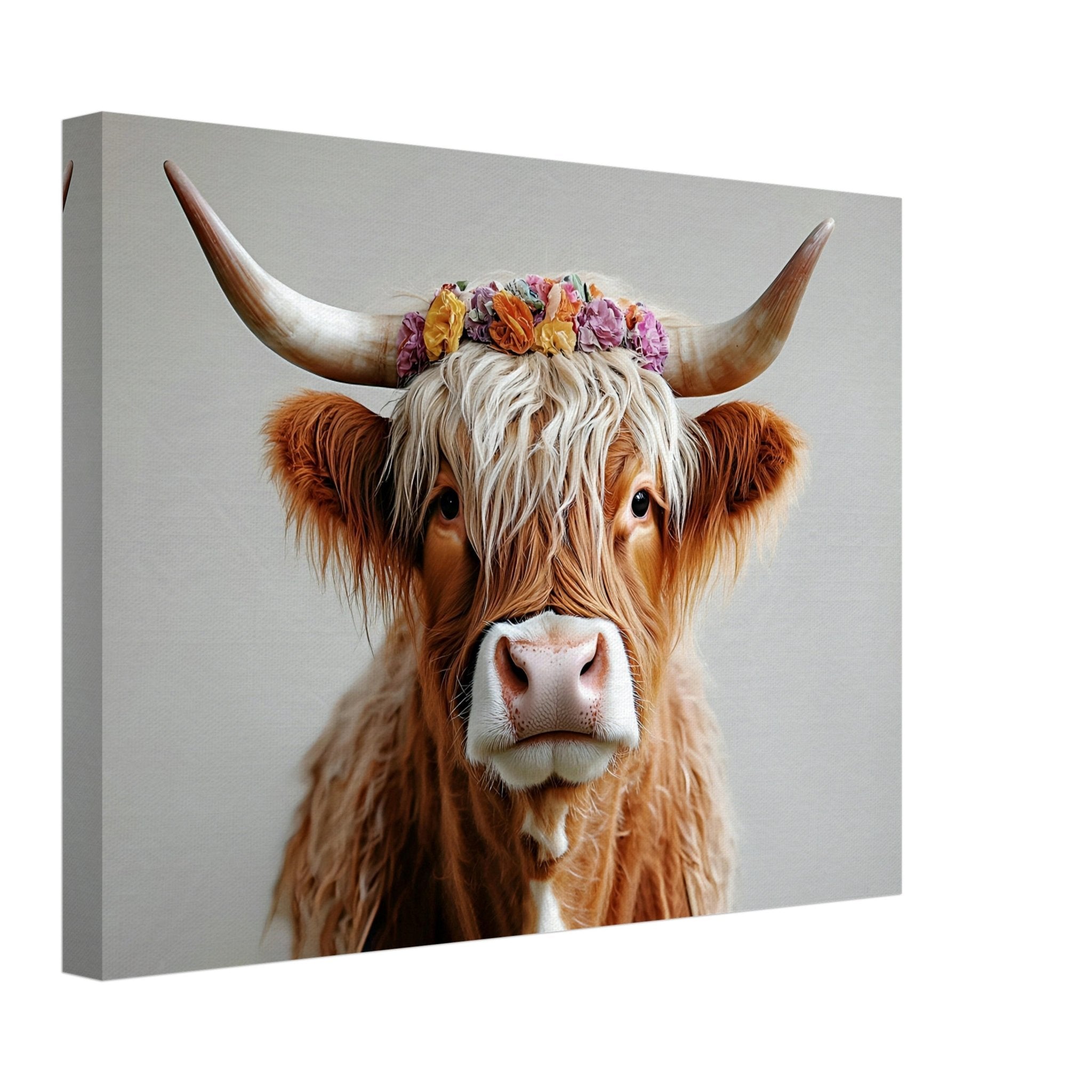 Highland Cow Canvas Print with Flower Crown Rustic Boho Farmhouse Wall Art - WallArtPrints4U