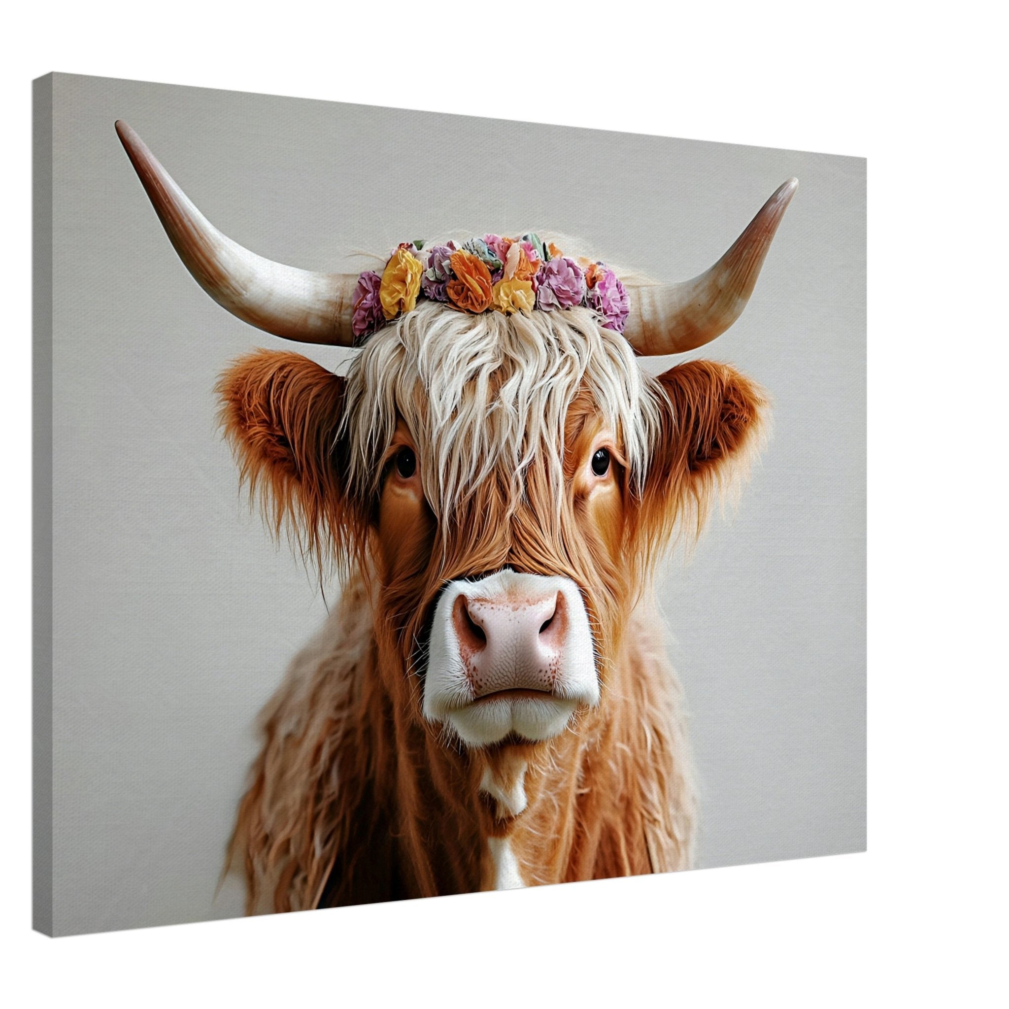 Highland Cow Canvas Print with Flower Crown Rustic Boho Farmhouse Wall Art - WallArtPrints4U