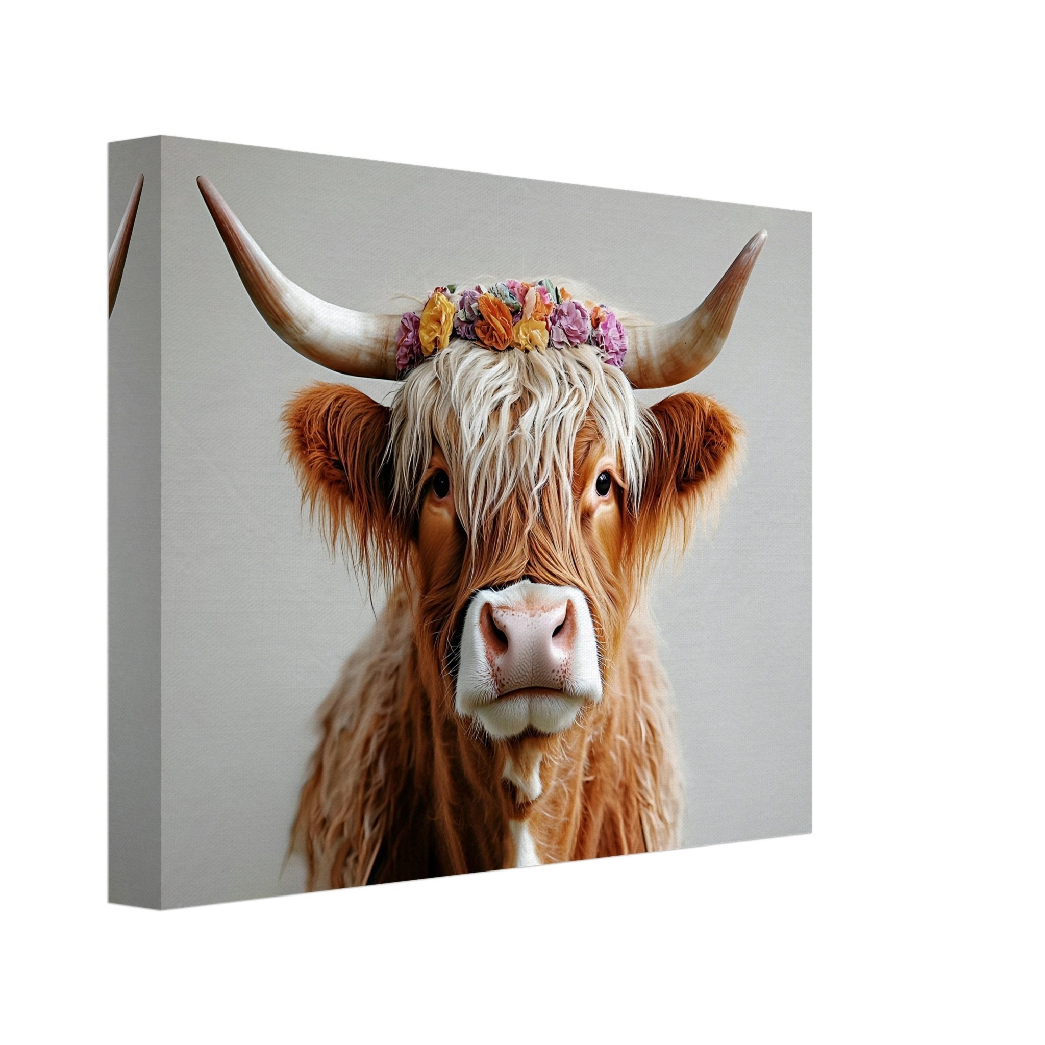 Highland Cow Canvas Print with Flower Crown Rustic Boho Farmhouse Wall Art - WallArtPrints4U