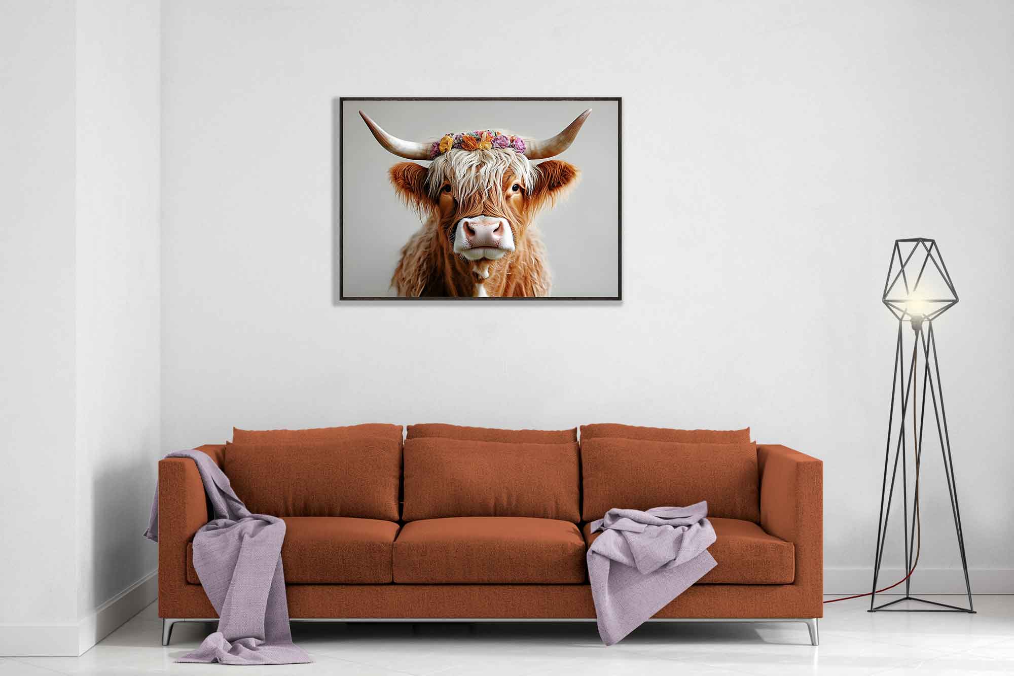 Highland Cow Digital Art Download Rustic Boho Animal Decor with Flower Crown - WallArtPrints4U