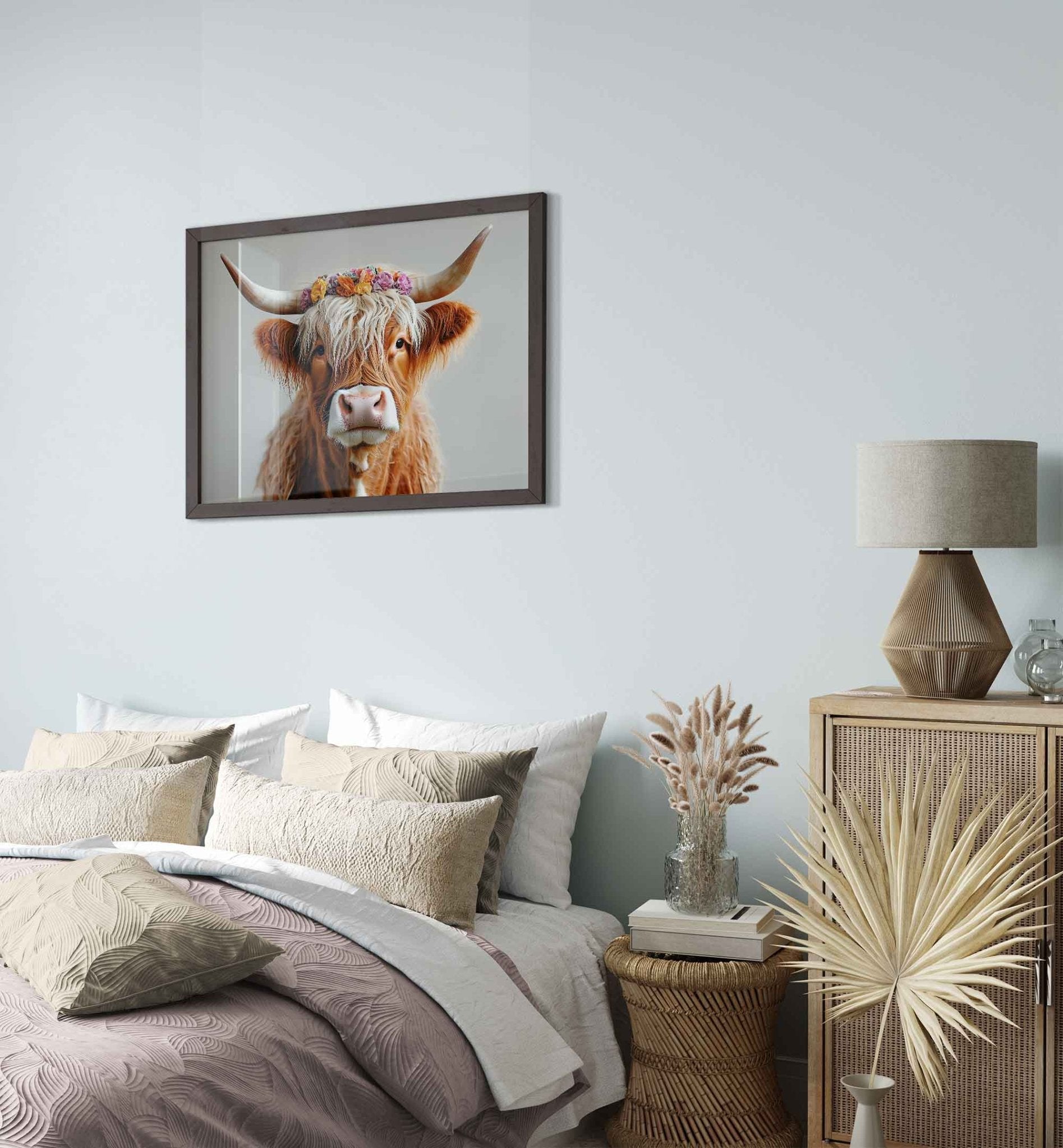 Highland Cow Digital Art Download Rustic Boho Animal Decor with Flower Crown - WallArtPrints4U