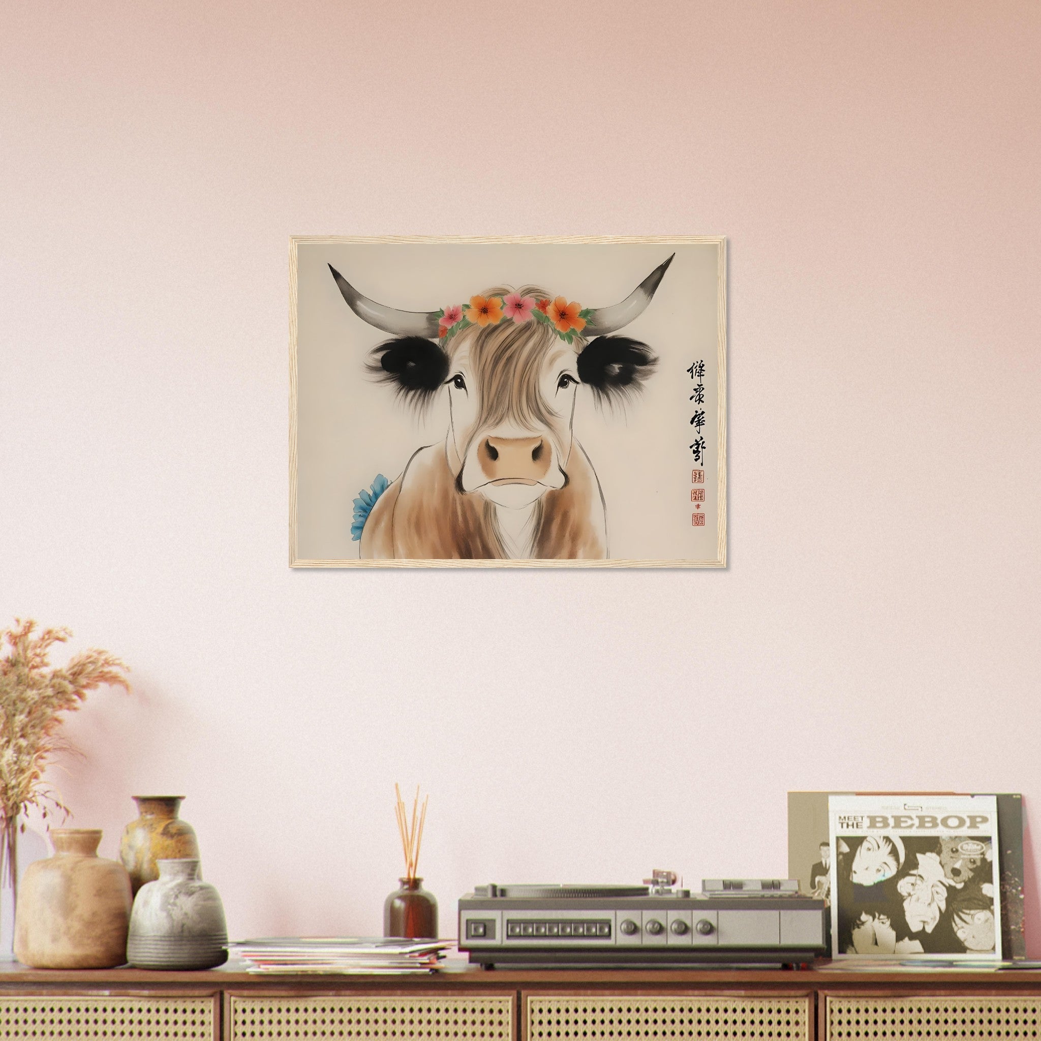 Highland Cow Framed Print Oriental Brush Art Style Rustic Animal Decor - WallArtPrints4U