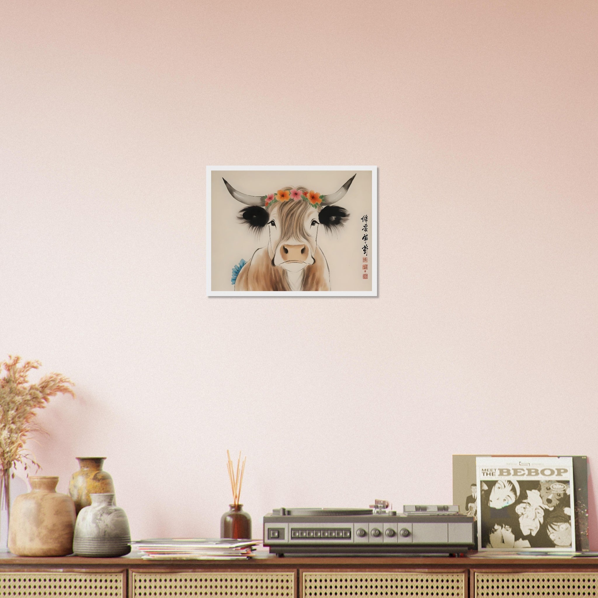 Highland Cow Framed Print Oriental Brush Art Style Rustic Animal Decor - WallArtPrints4U