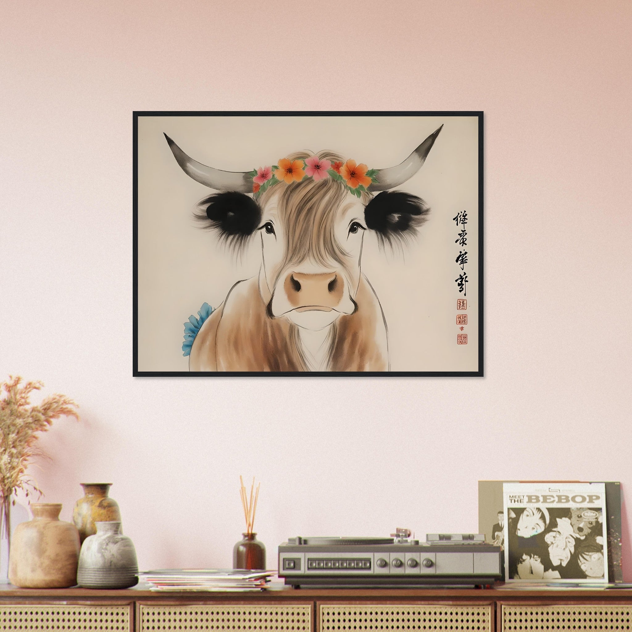 Highland Cow Framed Print Oriental Brush Art Style Rustic Animal Decor - WallArtPrints4U