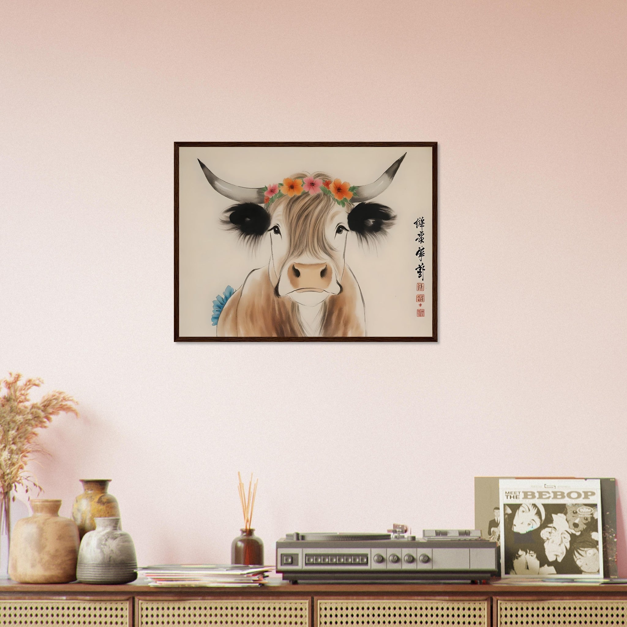 Highland Cow Framed Print Oriental Brush Art Style Rustic Animal Decor - WallArtPrints4U