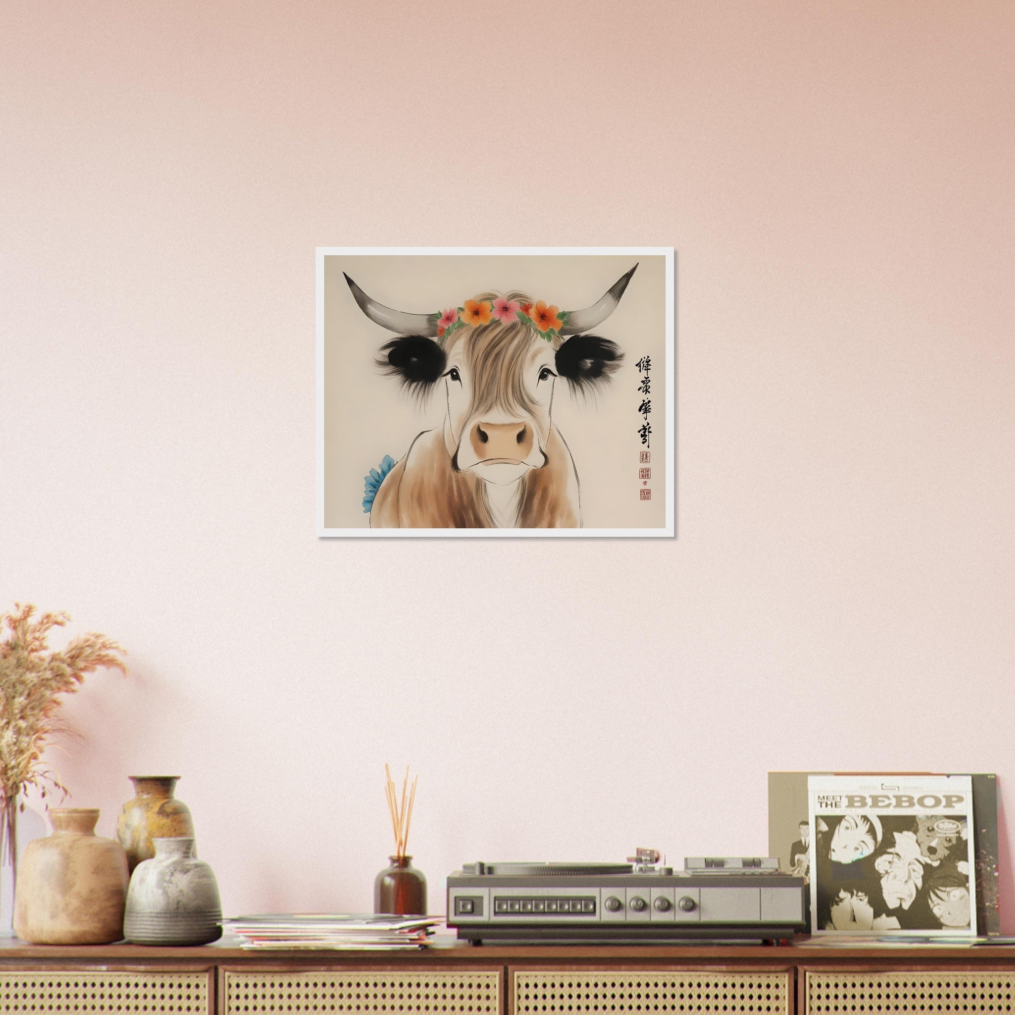 Highland Cow Framed Print Oriental Brush Art Style Rustic Animal Decor - WallArtPrints4U