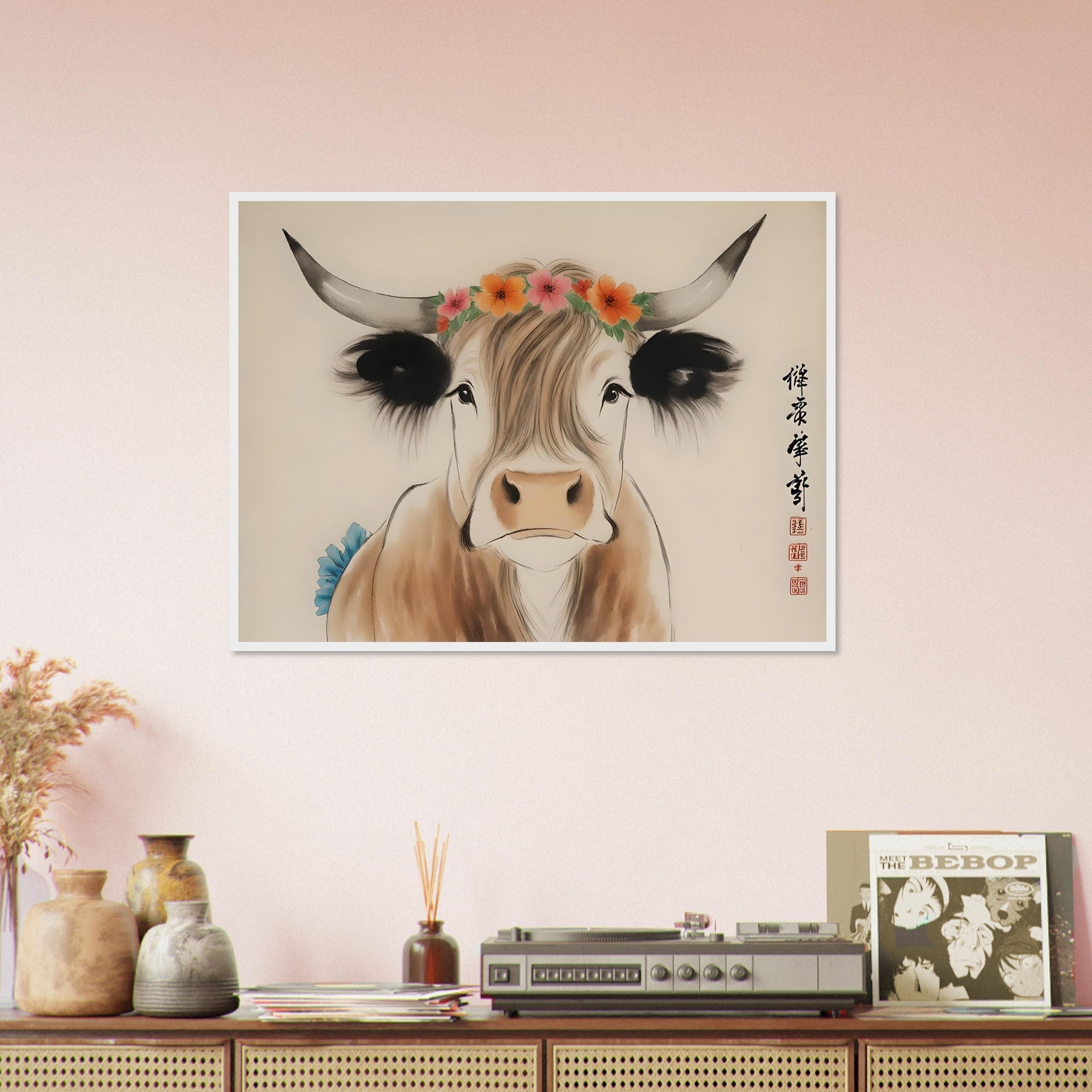 Highland Cow Framed Print Oriental Brush Art Style Rustic Animal Decor - WallArtPrints4U