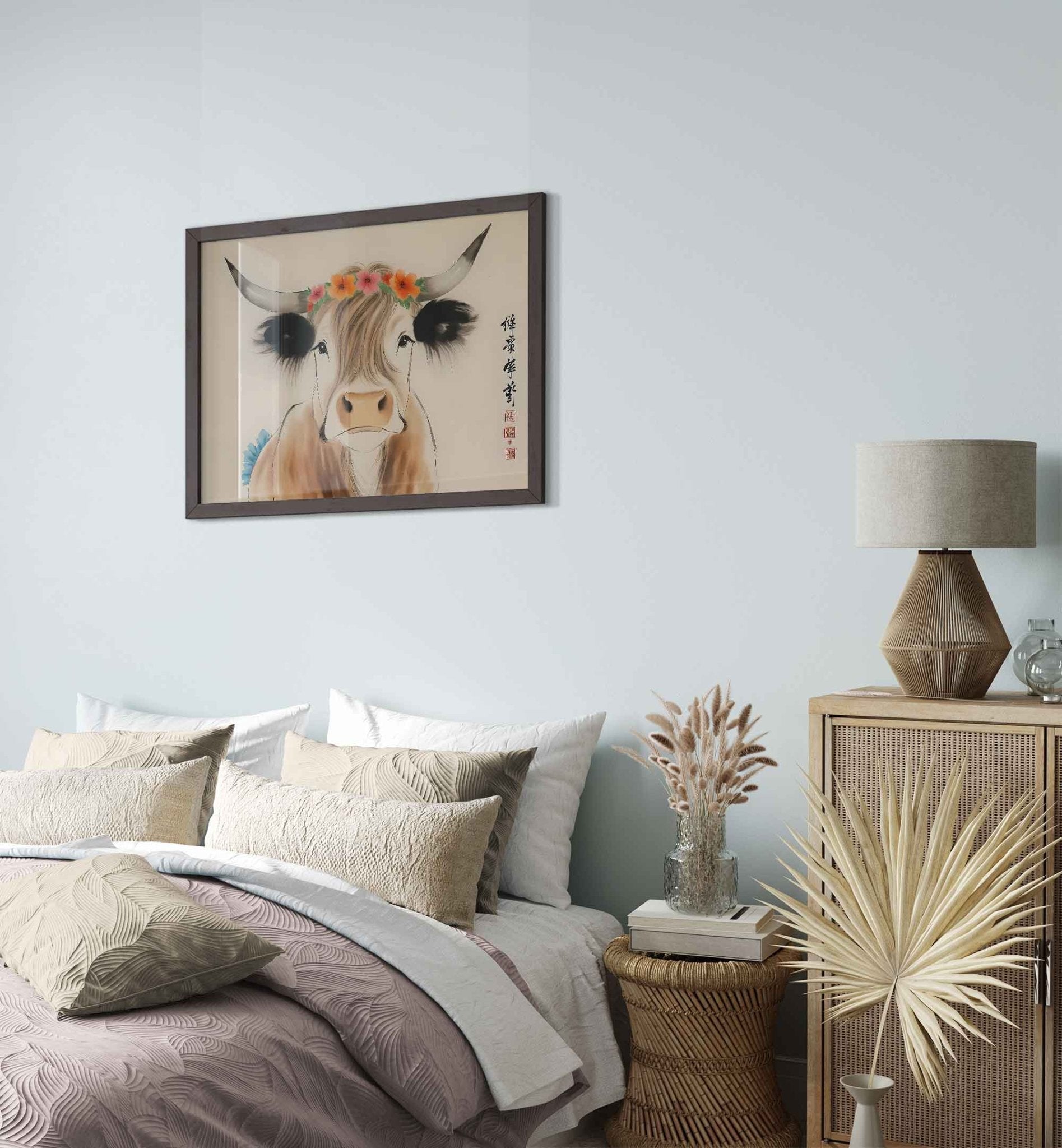 Highland Cow Framed Print Oriental Brush Art Style Rustic Animal Decor - WallArtPrints4U