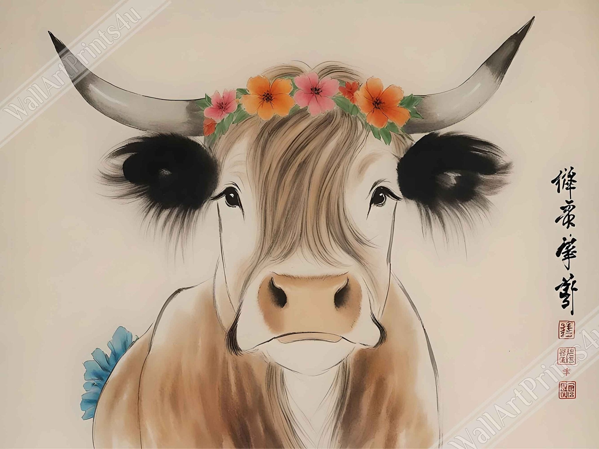 Highland Cow Framed Print Oriental Brush Art Style Rustic Animal Decor - WallArtPrints4U