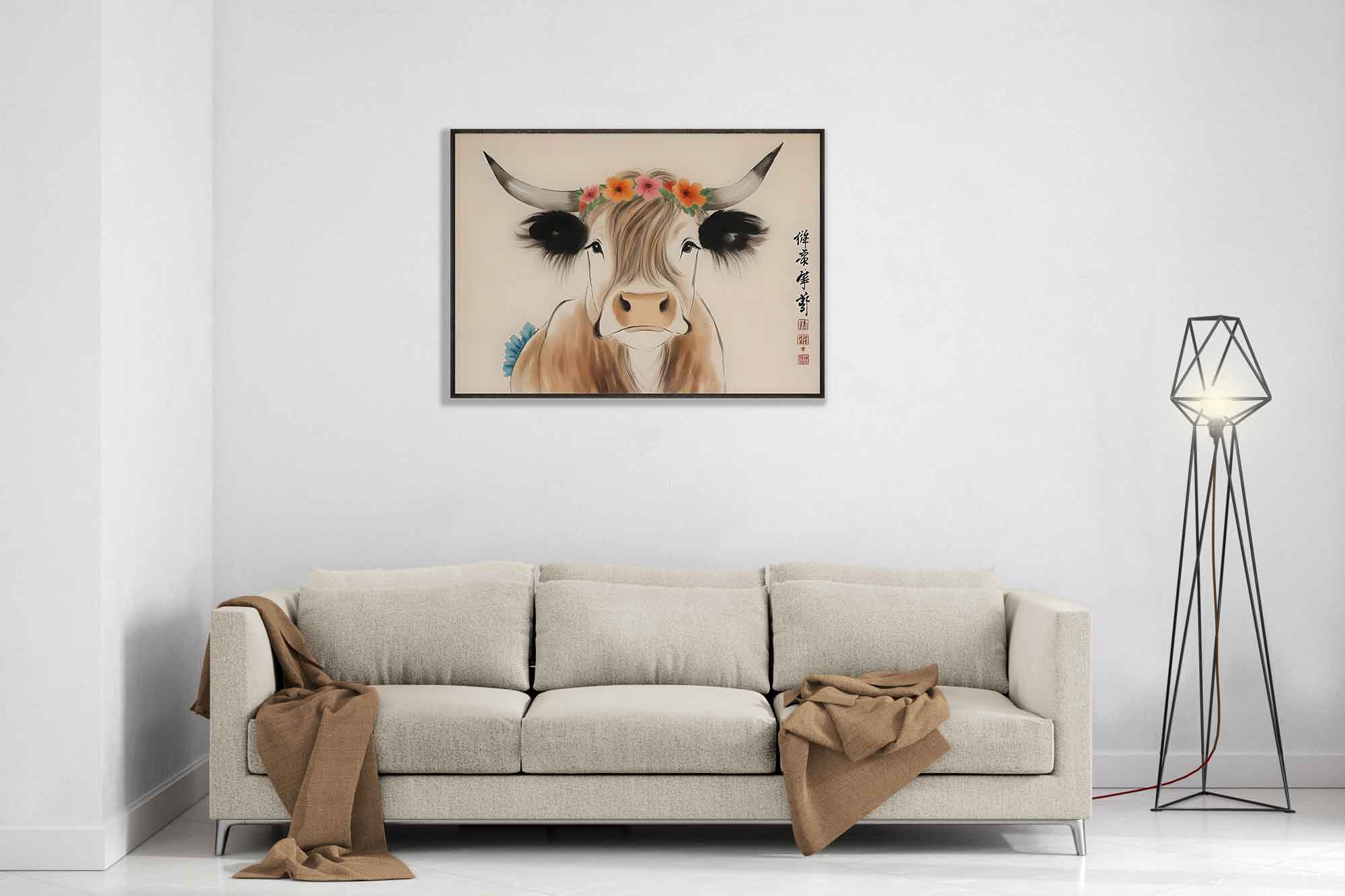 Highland Cow Framed Print Oriental Brush Art Style Rustic Animal Decor - WallArtPrints4U