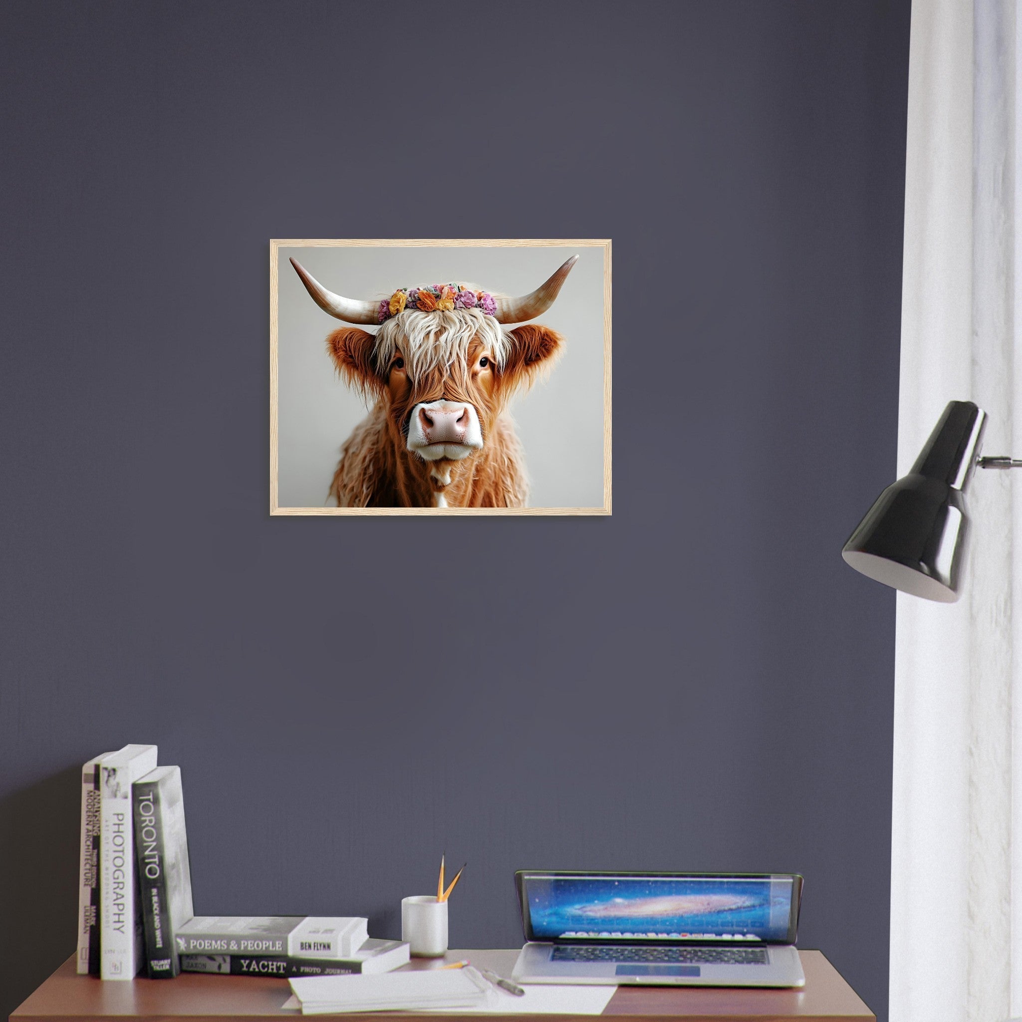 Highland Cow Framed Print with Flower Crown for Rustic and Farmhouse Wall Decor - WallArtPrints4U