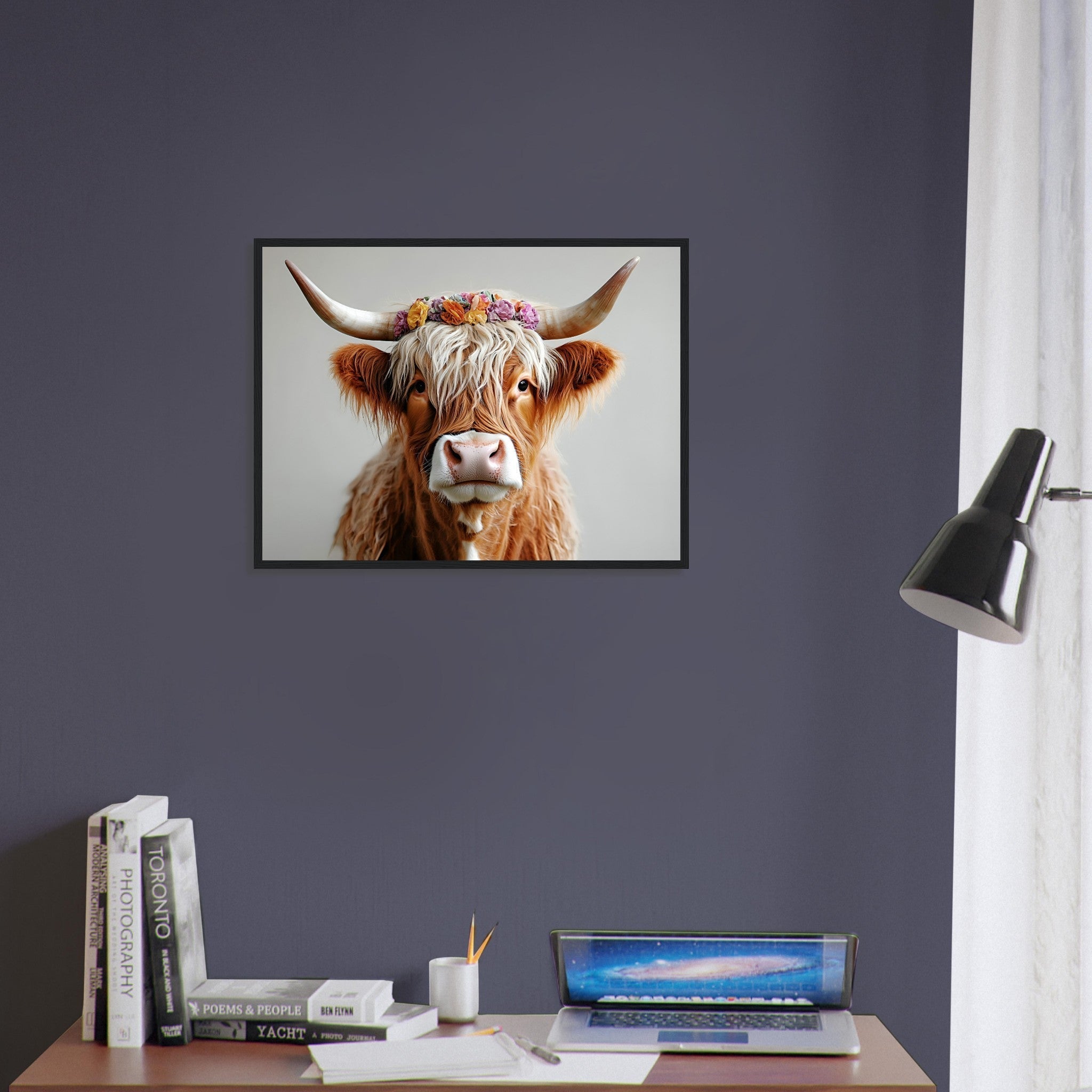 Highland Cow Framed Print with Flower Crown for Rustic and Farmhouse Wall Decor - WallArtPrints4U