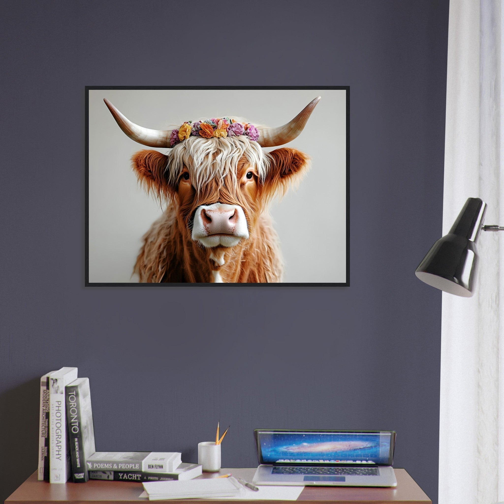 Highland Cow Framed Print with Flower Crown for Rustic and Farmhouse Wall Decor - WallArtPrints4U